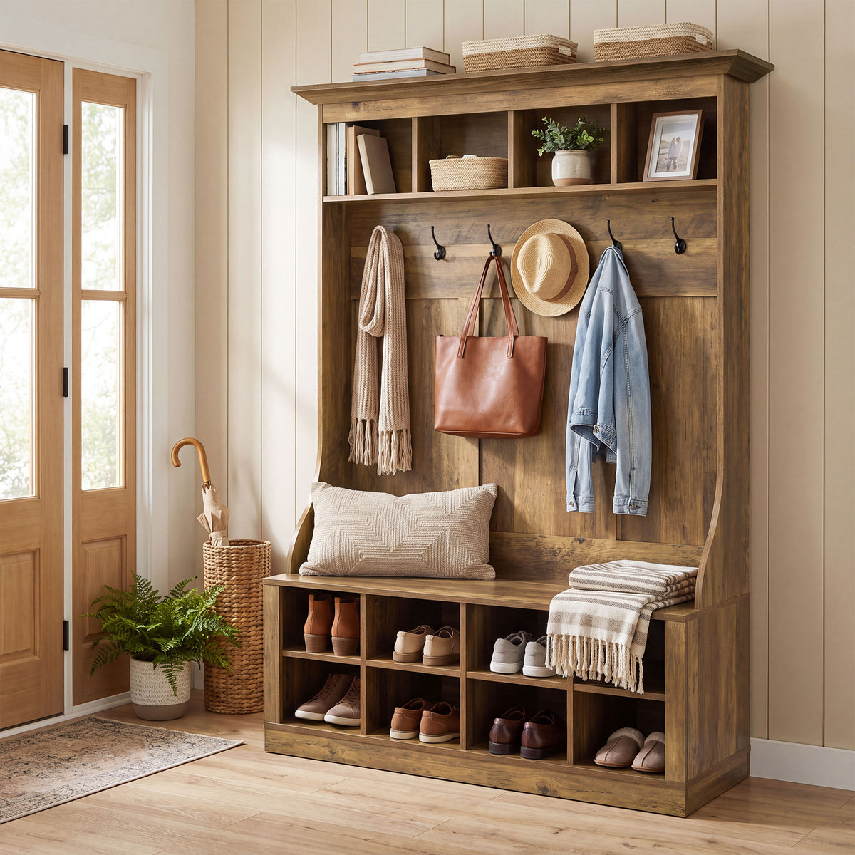 4-in-1 Hall Tree with Bench & Shoe Storage, 70.9" H Entryway Coat Rack with 6 Hooks, 12 Cubbies