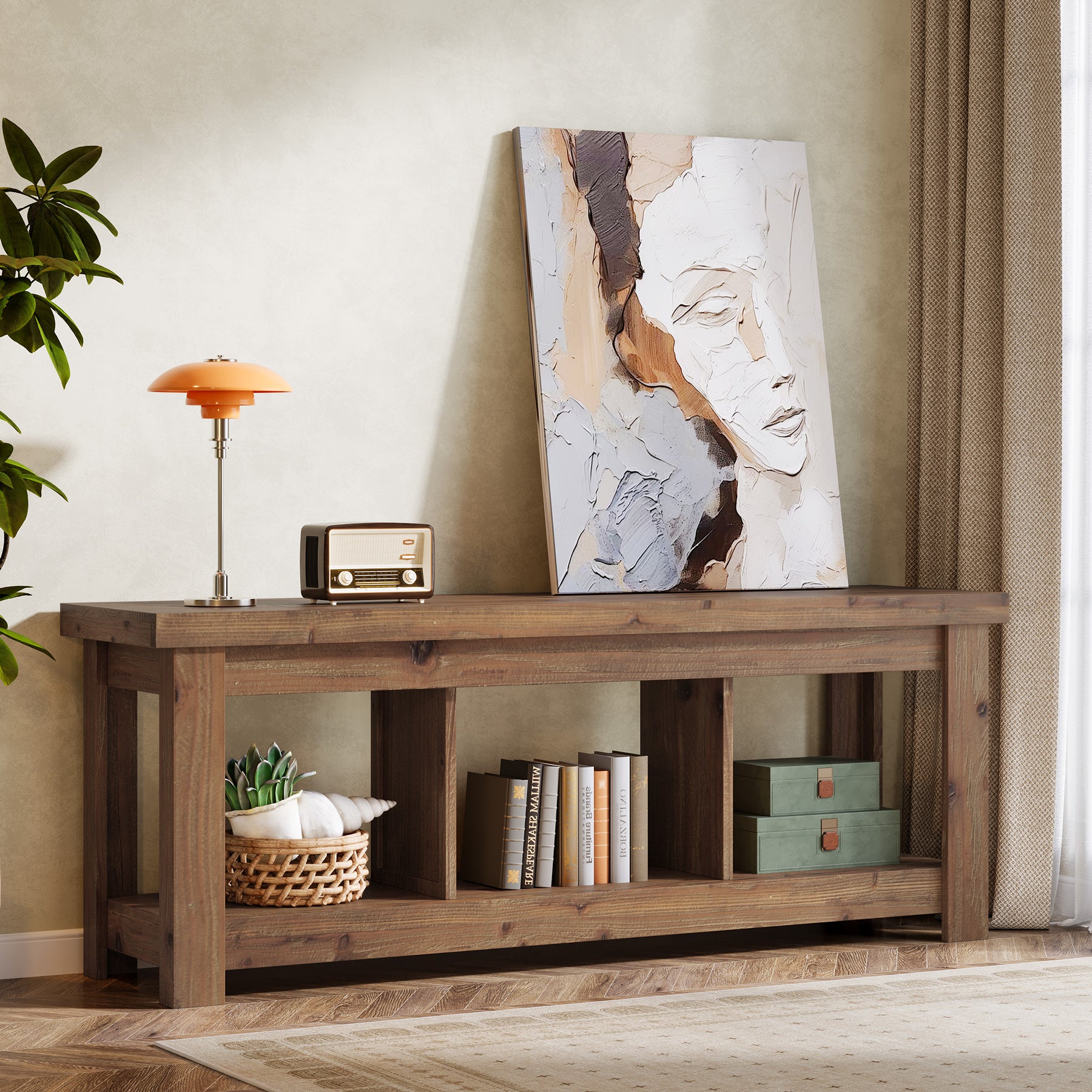 Solid Wood Console Table, 63" Sofa Entryway Table With 3 Open Shelves