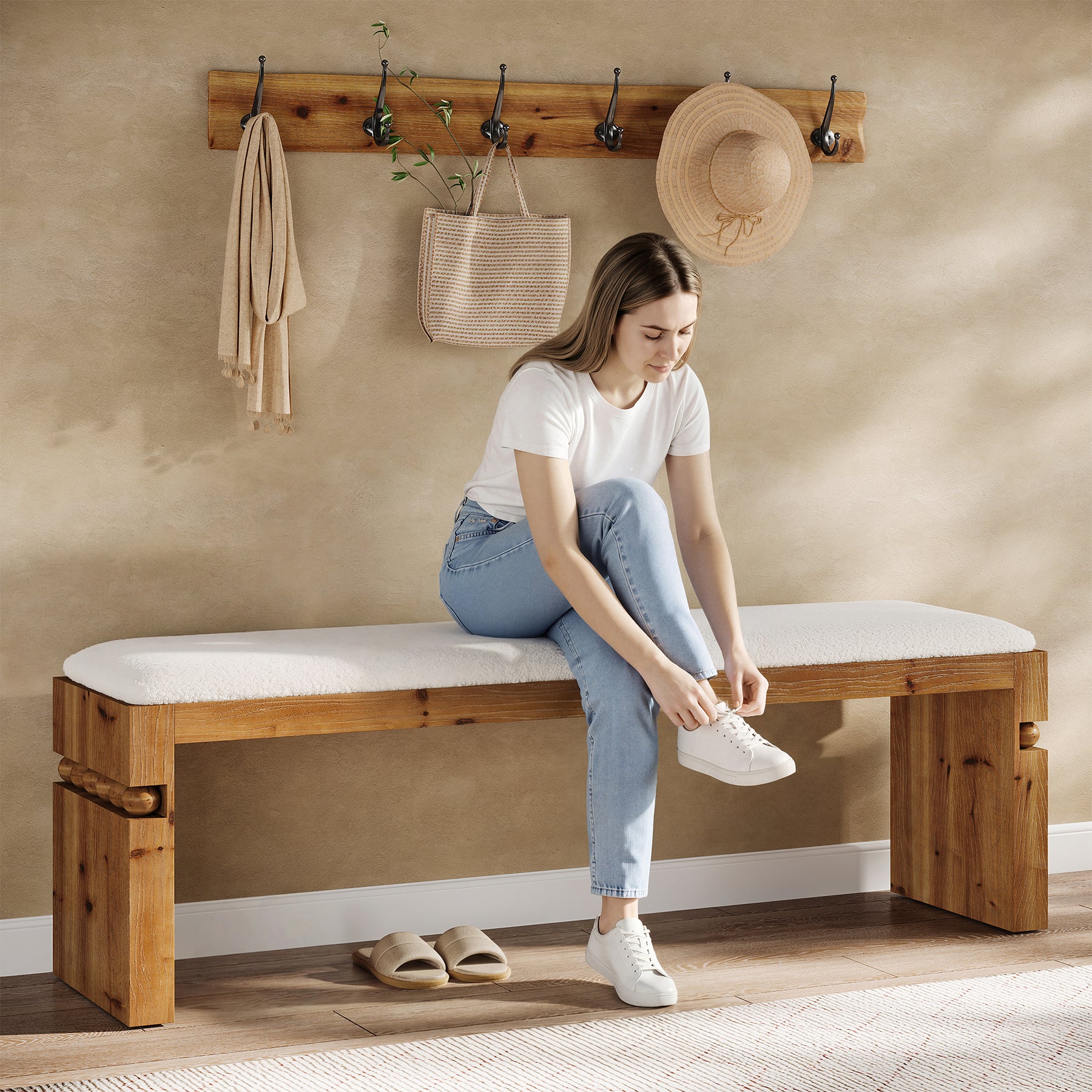 Solid Wood Entryway Shoe Bench, 55" Bedroom Footrest with Removable Cushion