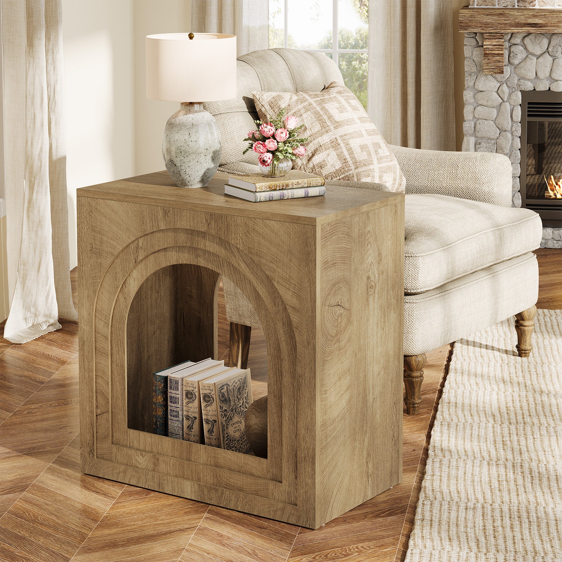 Tribesigns 2-Tier Square End Table, Farmhouse Side Table with Arched Shelf