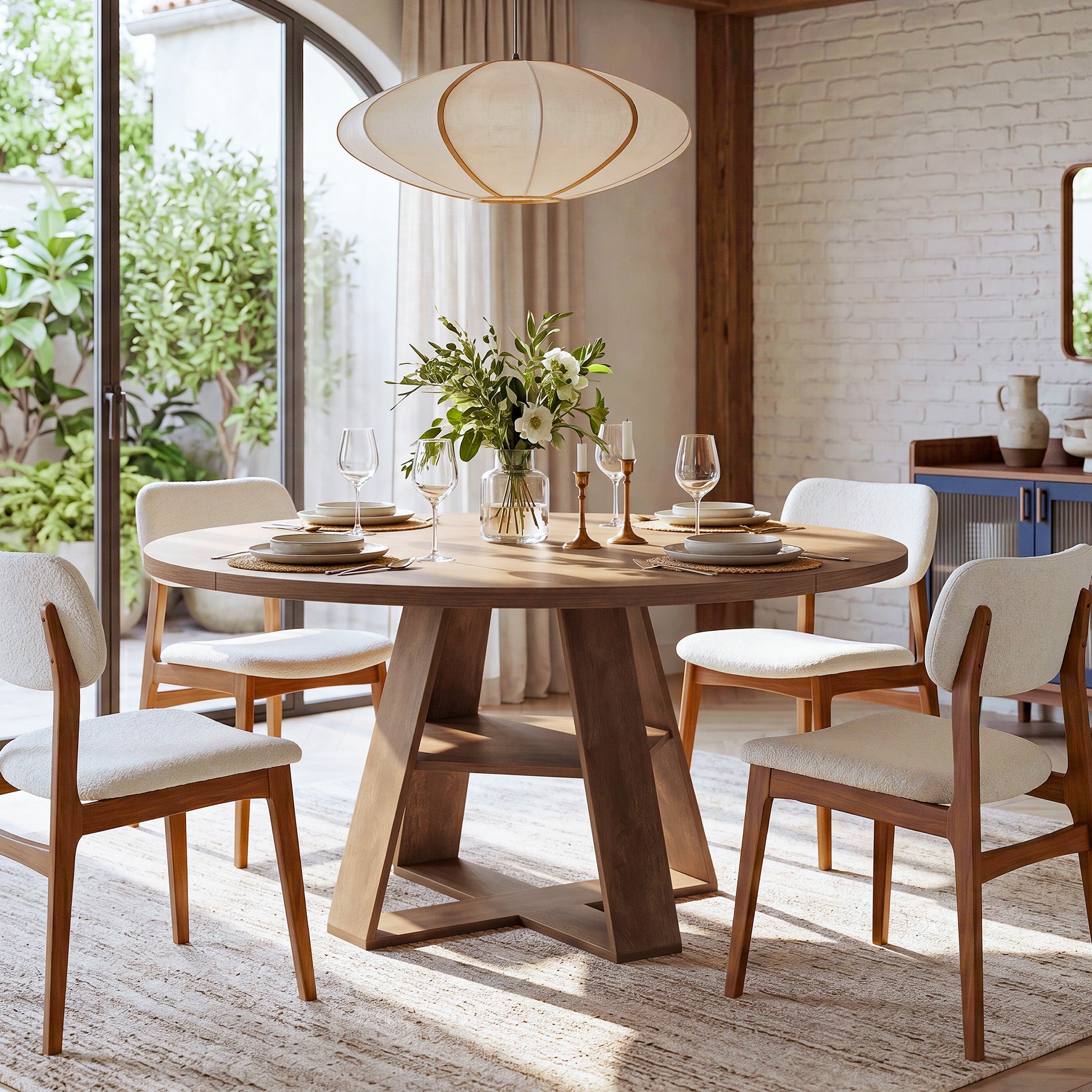 47.24" Round Dining Table for 4-6, Farmhouse Kitchen Table with Storage Shelf & X-Cross Base