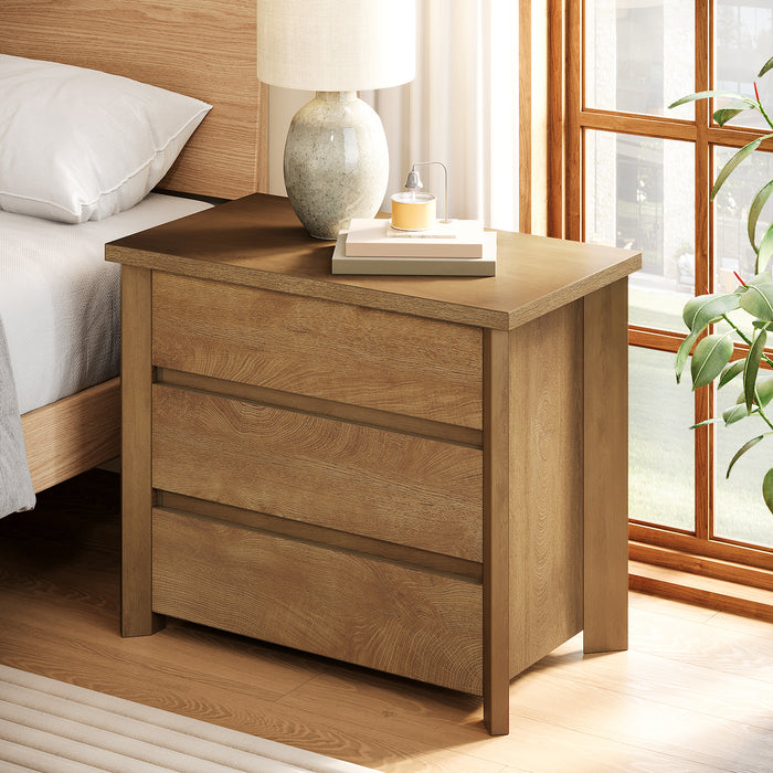 Wood Nightstand, Farmhouse Bedside Table with 3 Storage Drawers