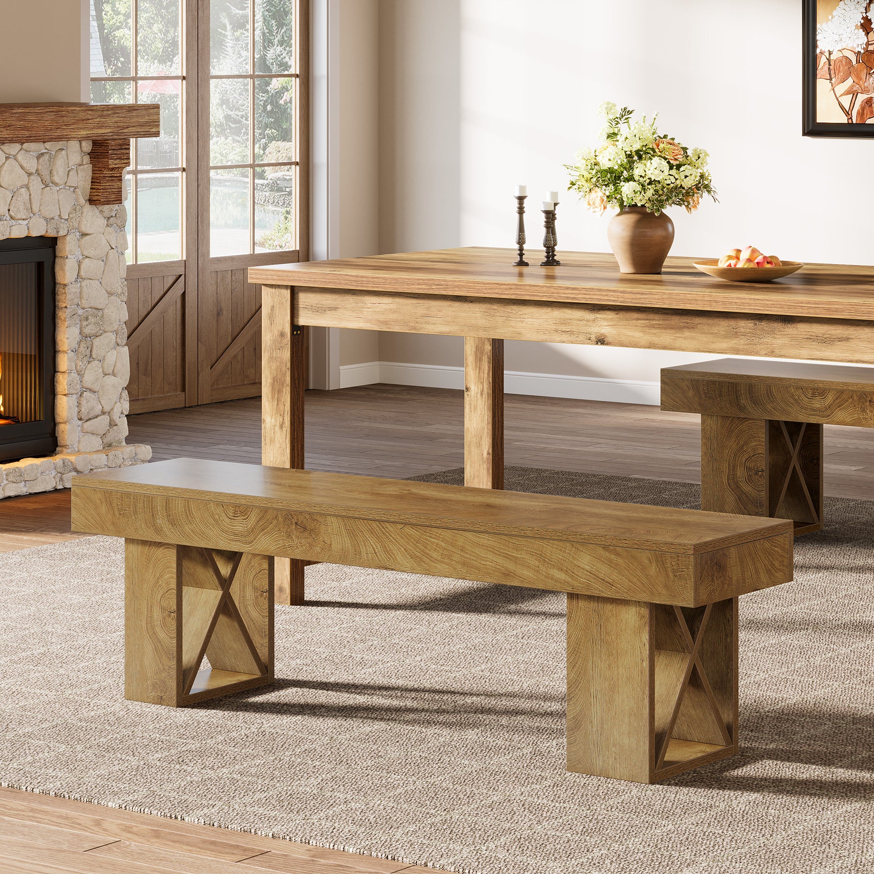 55" Dining Bench, Farmhouse Entryway Bench for Dining Room