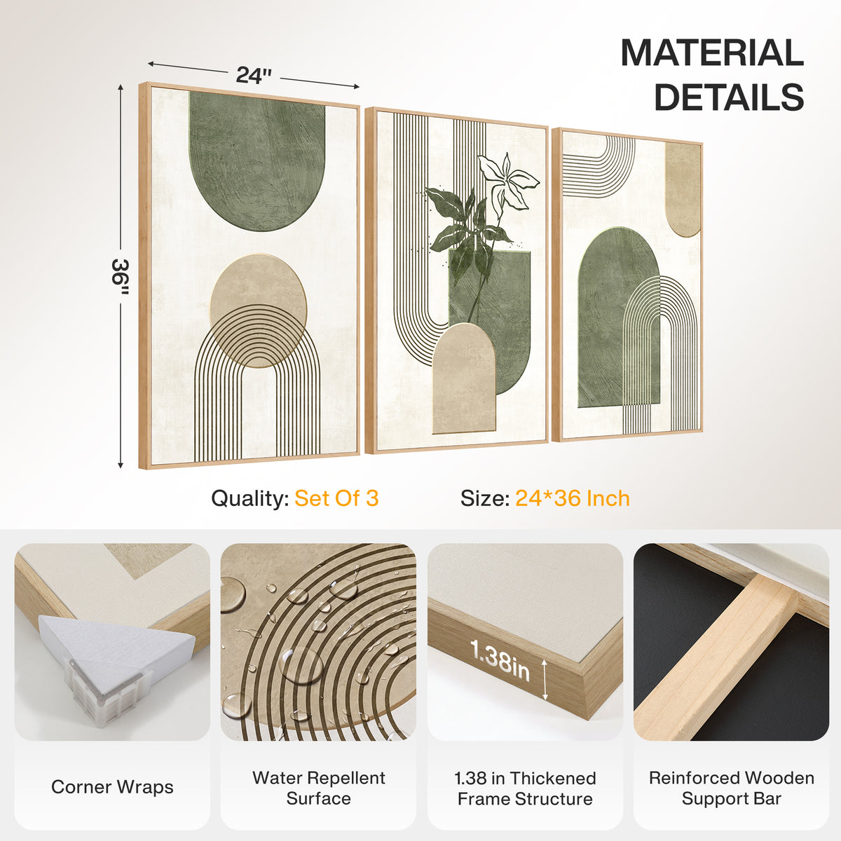 Geometric Modern Abstract Canvas Wall Art, Farmhouse Botanical Leaf Picture Hanging Artwork for Bedroom Bathroom Office Decor