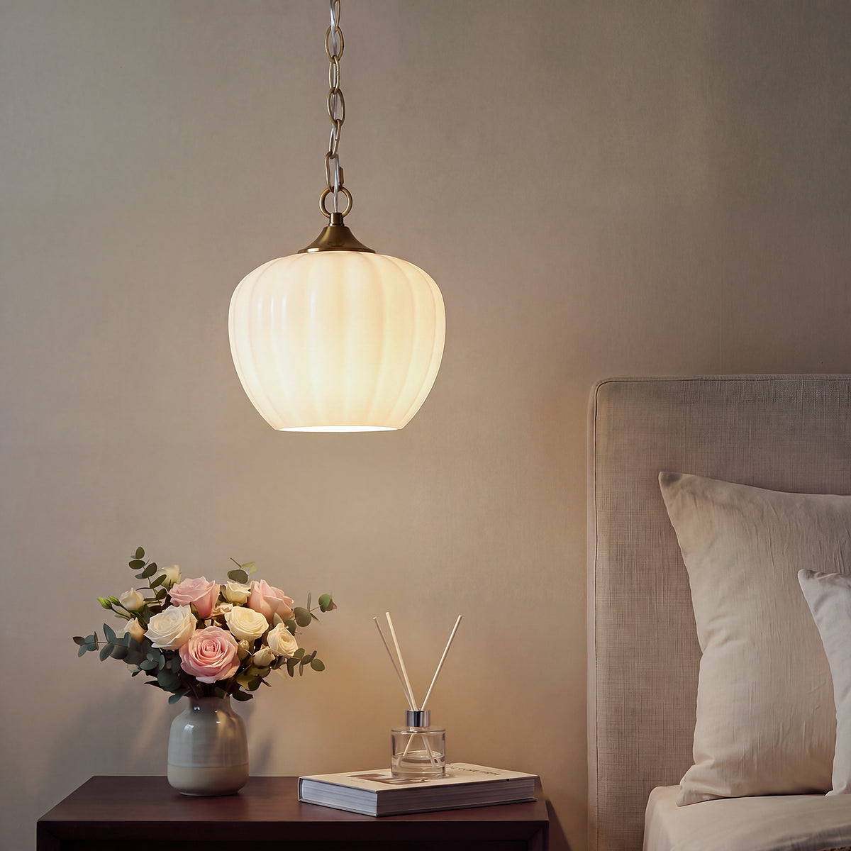 Milky White Ribbed Glass Pendant Light, Brass Adjustable Hanging Light