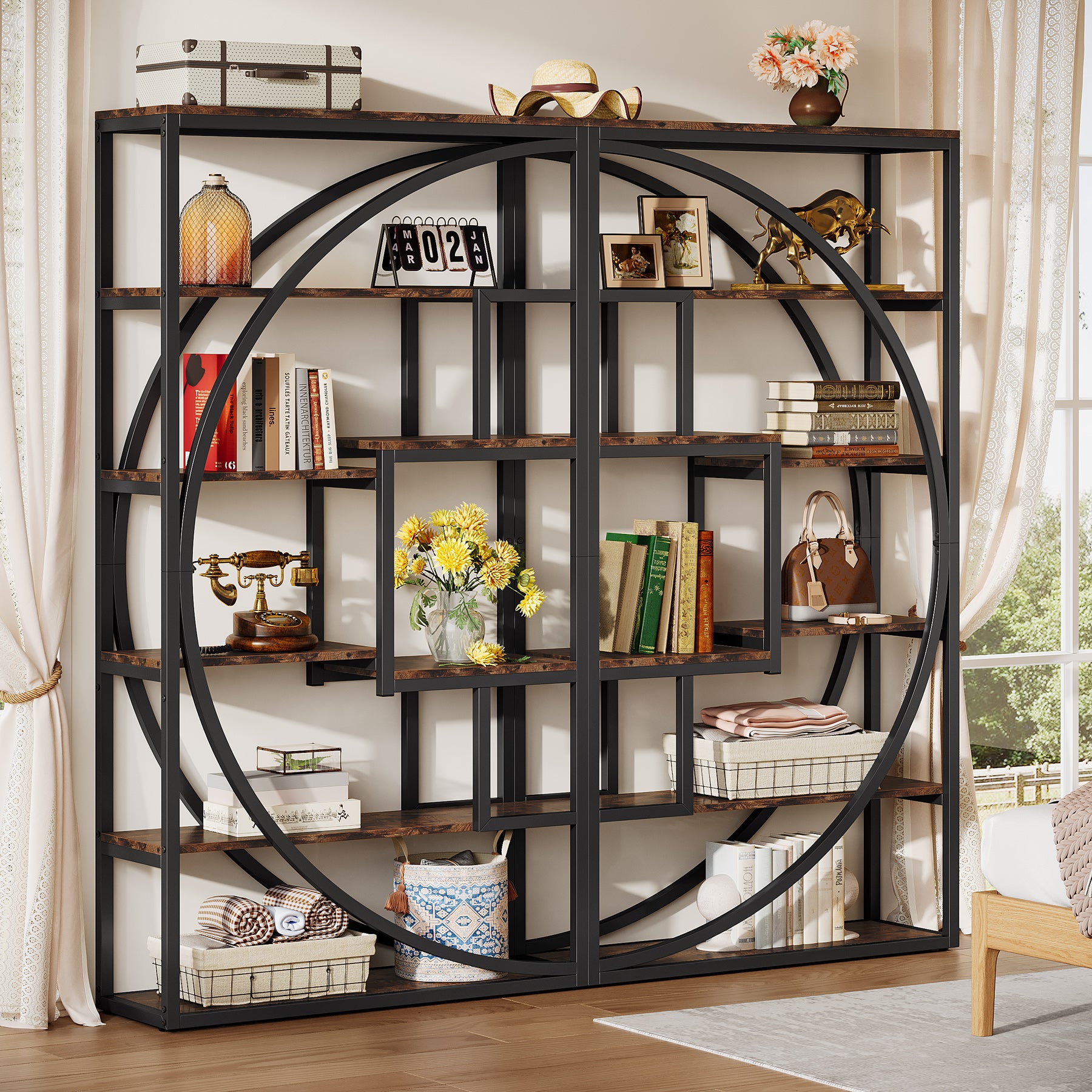 70.8” Tall Modern Geometric Bookcase, 5-Tier Etagere with 8 Open Shelves