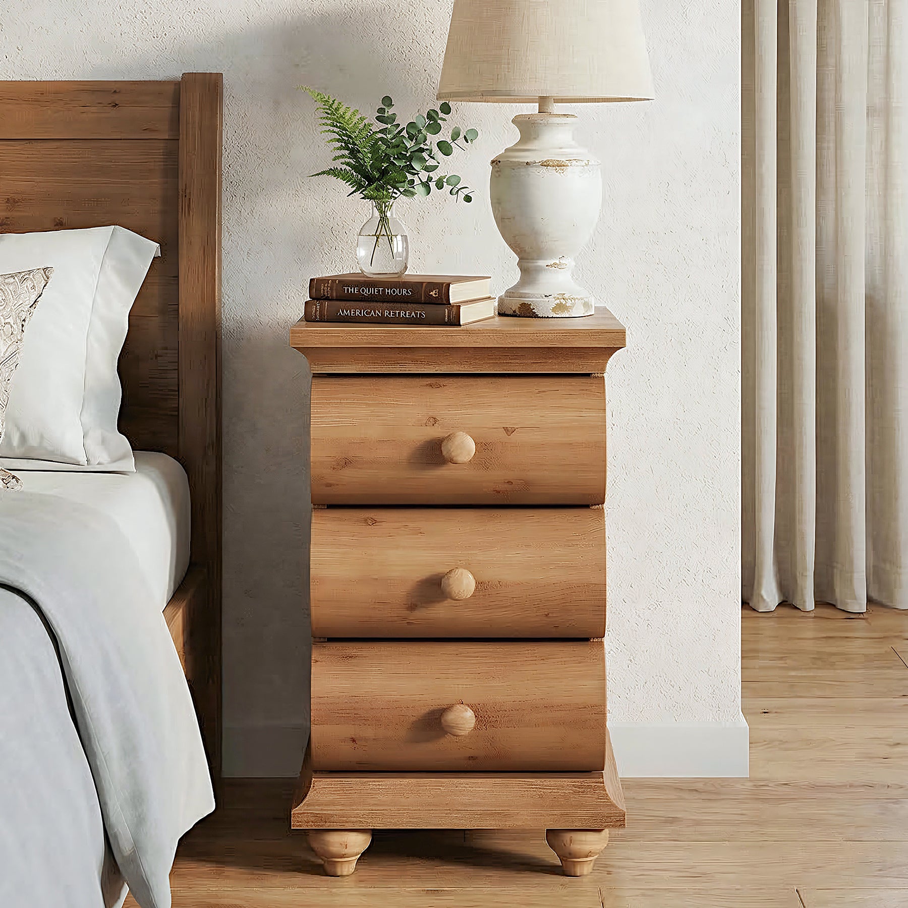 Solid Wood End Table with 3 Drawers, Narrow Side Table with Storage