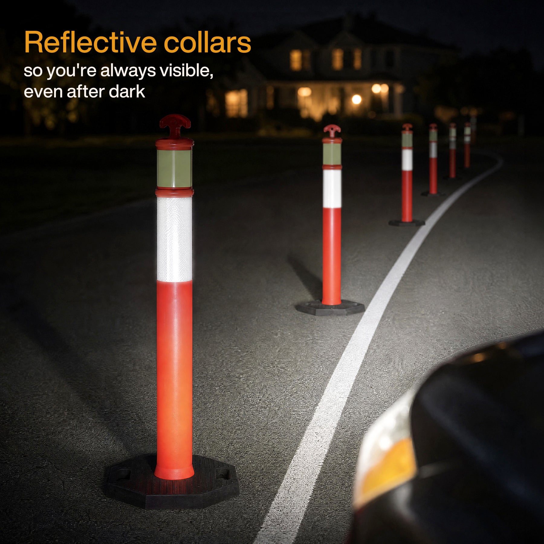 45" Reflective & Glow-in-the-Dark Traffic Delineator Posts with Heavy Rubber Base & Connecting Chains