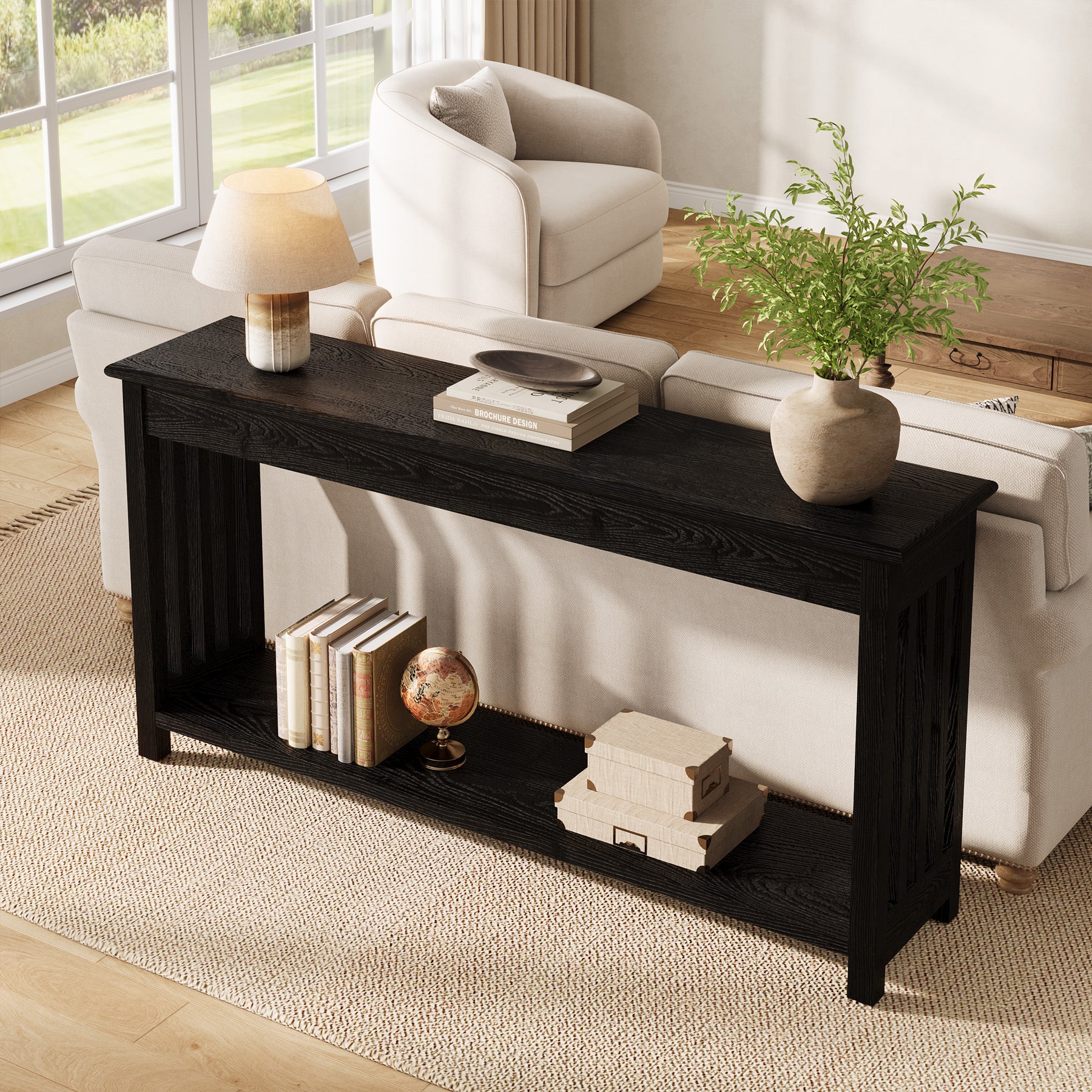 63" Console Table, Farmhouse Wood Entryway Sofa Table with 2-Tier Storage