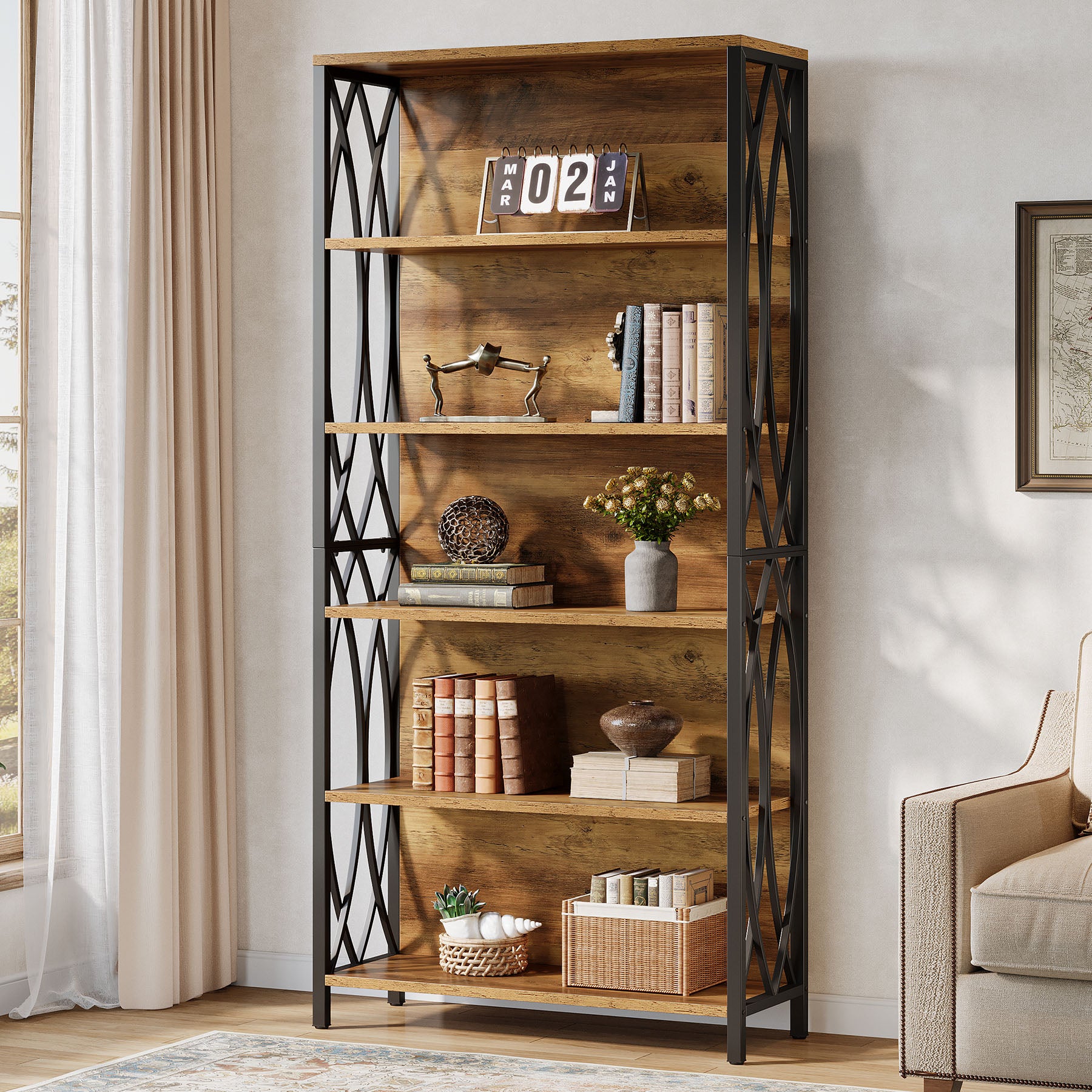6-Tier Bookshelf with Geometric Metal Frame - Thumbnail 4