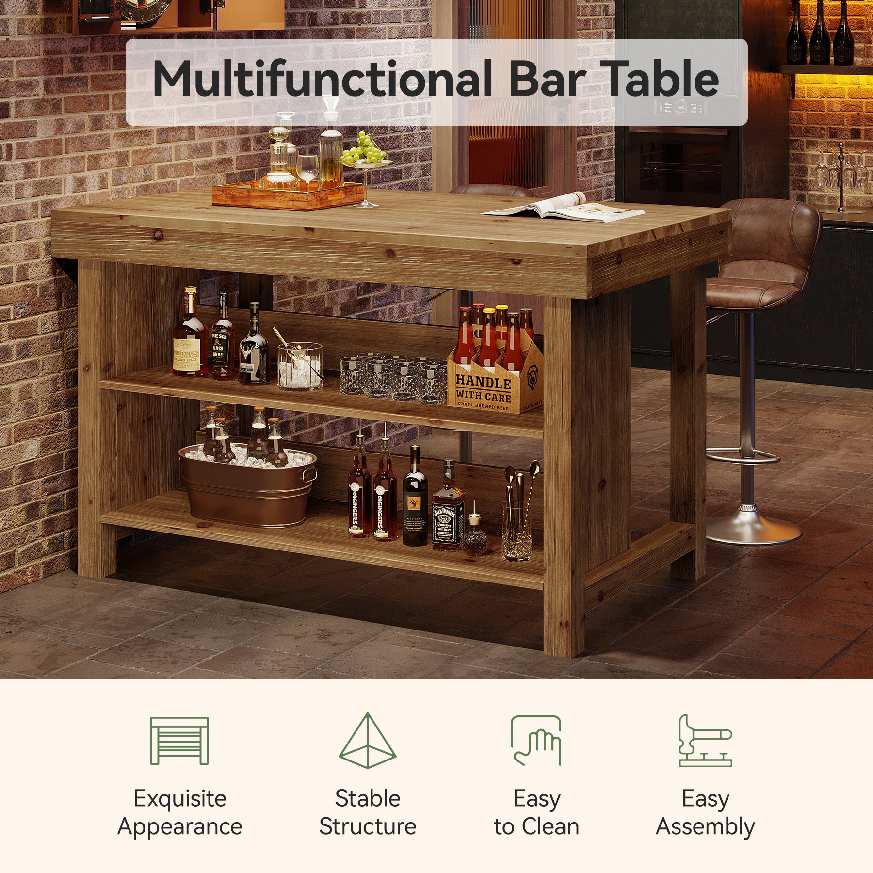55" Farmhouse Bar Table, 3-Tier Solid Wood Bar Unit with Open Storage Shelves