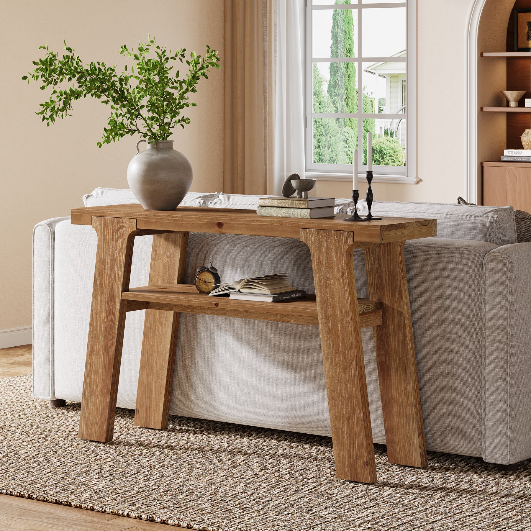 Solid Wood Console Table, 47" Farmhouse Small Sofa Table with 2-Tier Storage