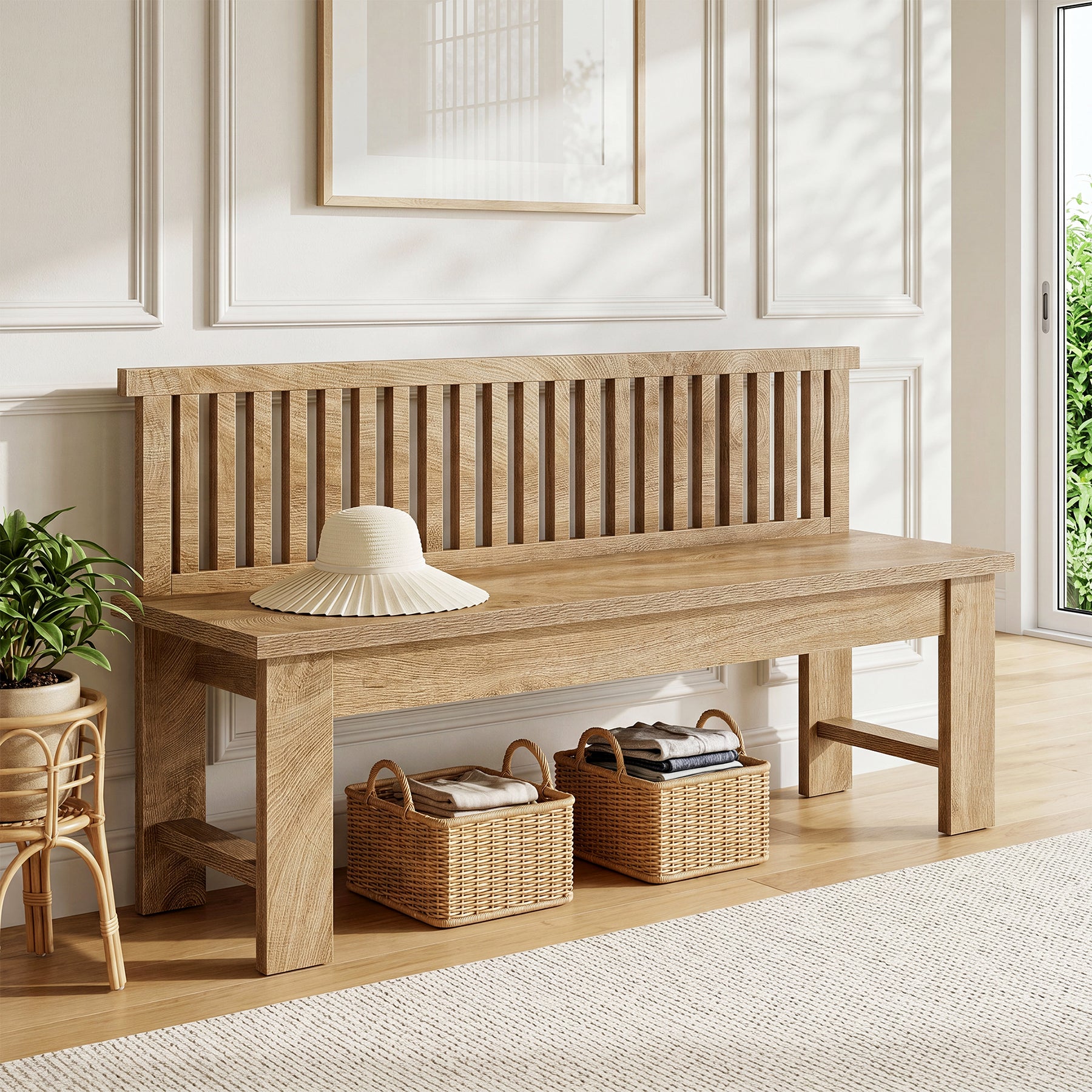 55" Entryway Bench, Farmhouse Seating Bench with Vertical Stripes Backrest for Hallway
