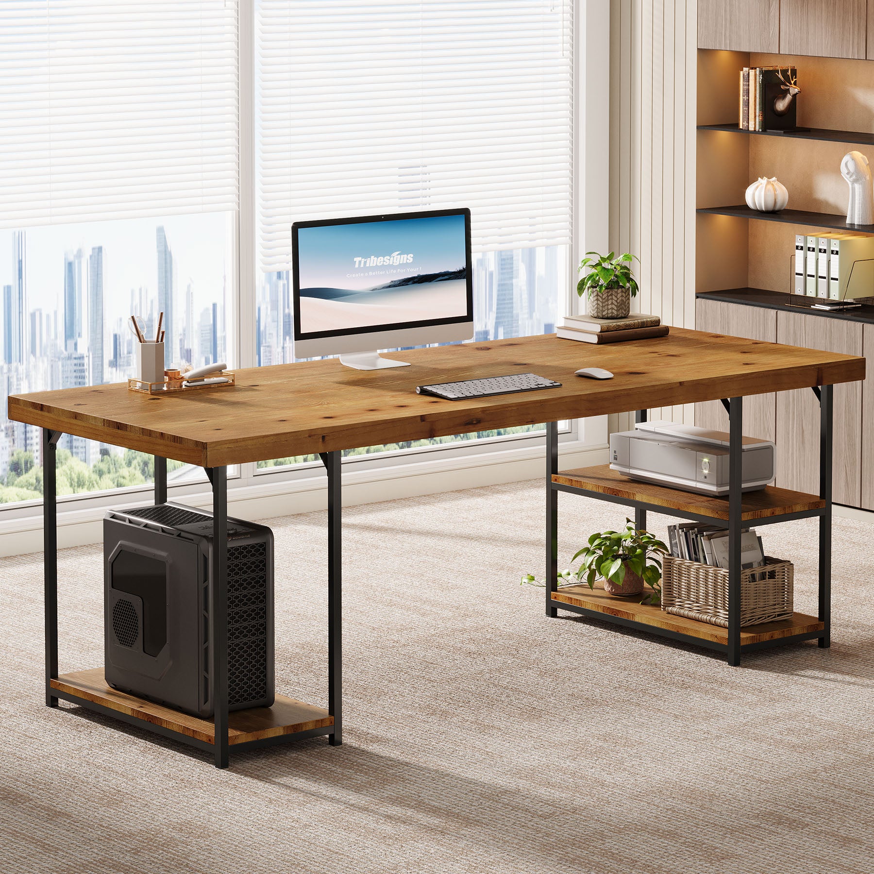 Solid Wood Computer Desk , 71" Home Office Desk with Shelves