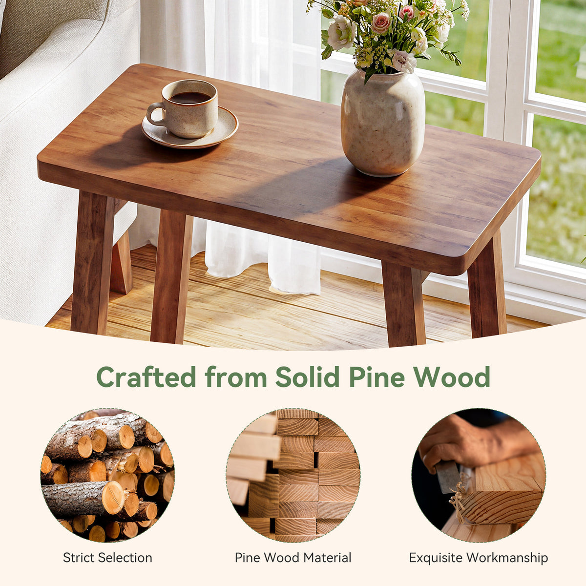 Narrow Solid Pine Wood Side Table, 2-Tier Rectangular End Table with Storage
