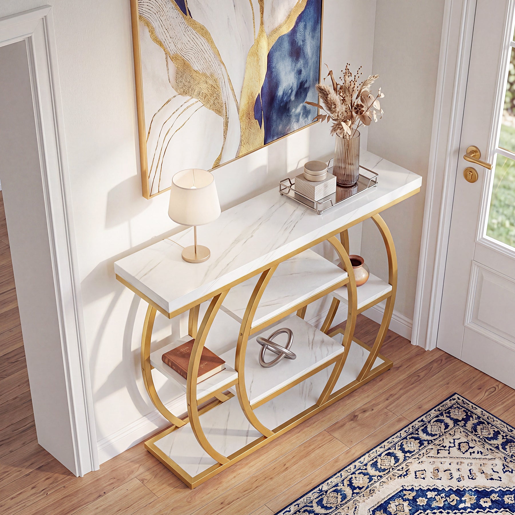 41" Gold Entryway Console Table with Faux Marble Top, Narrow Sofa Table with 5-Tier Storage Shelves