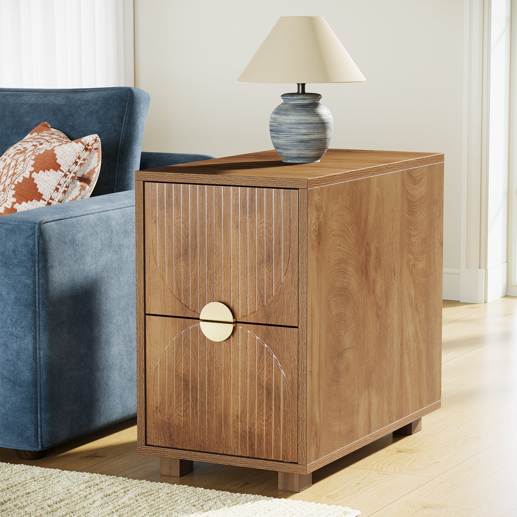 2-Drawer Nightstand, Narrow Bedside Table with Gold Metal Handle
