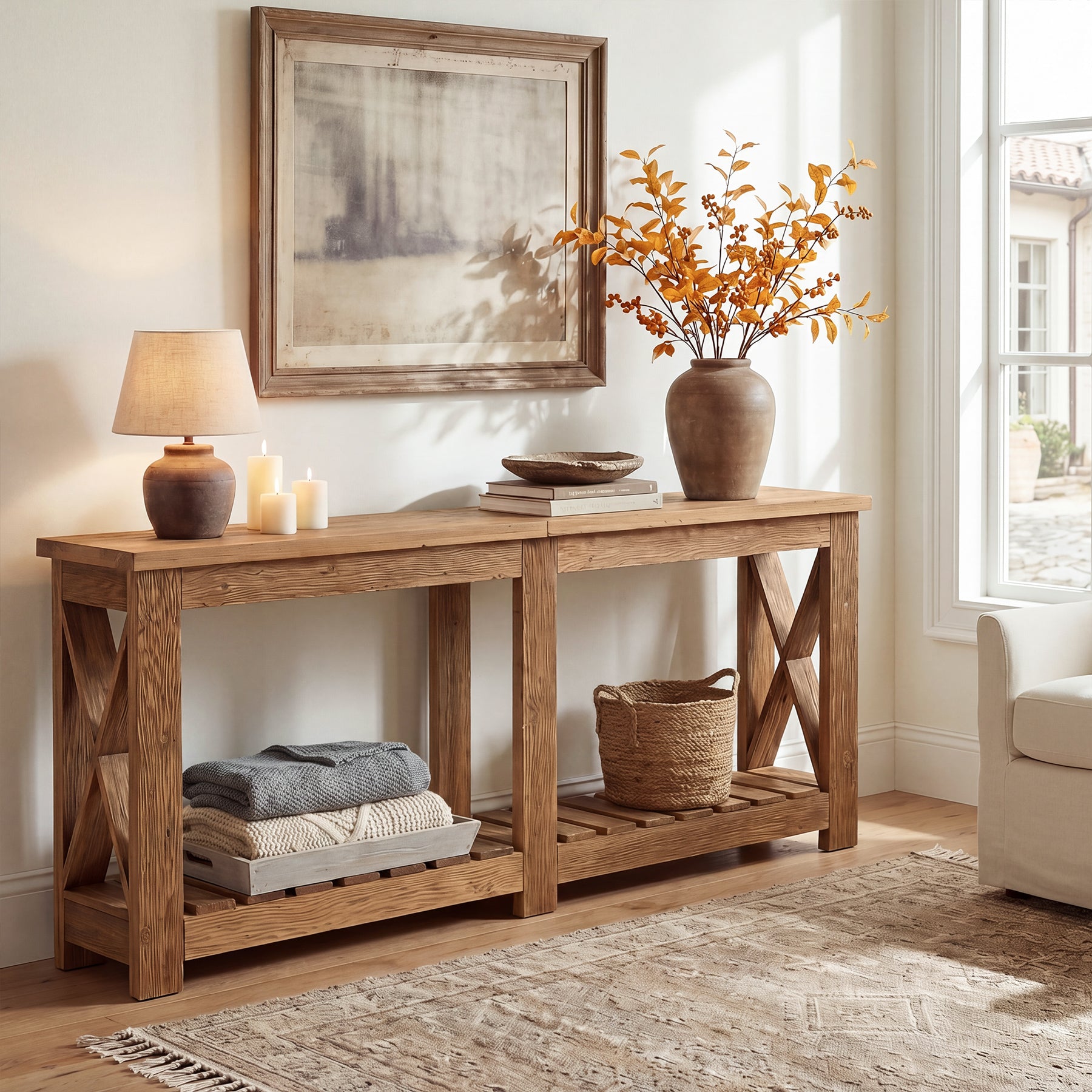 71" Solid Wood Farmhouse Console Table with Storage Shelves, Extra Long Sofa Table for Entryway & Hallway