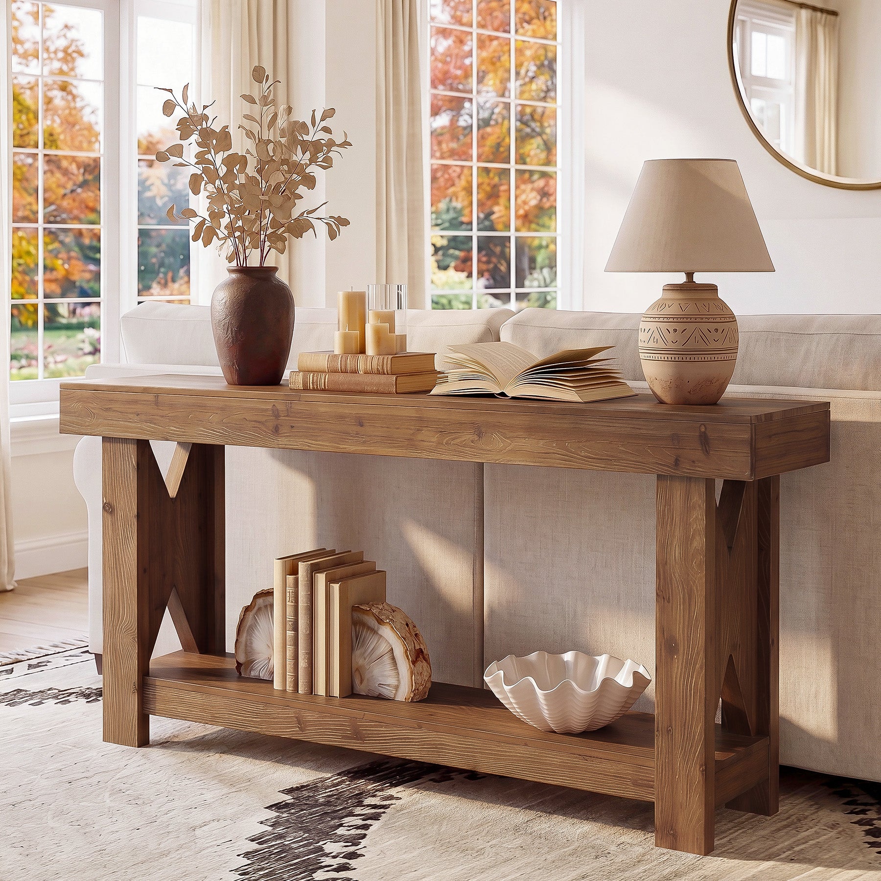 63" Solid Wood Console Table, 2-Tier Entryway Sofa Table with X-Shaped Support Frame