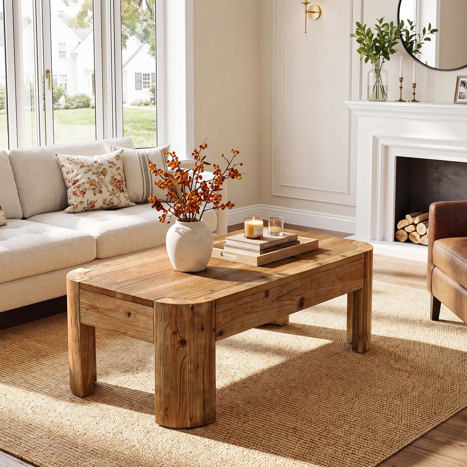 47.24" Solid Wood Coffee Table, Rectangular Center Table with Rounded Corners for Living Room