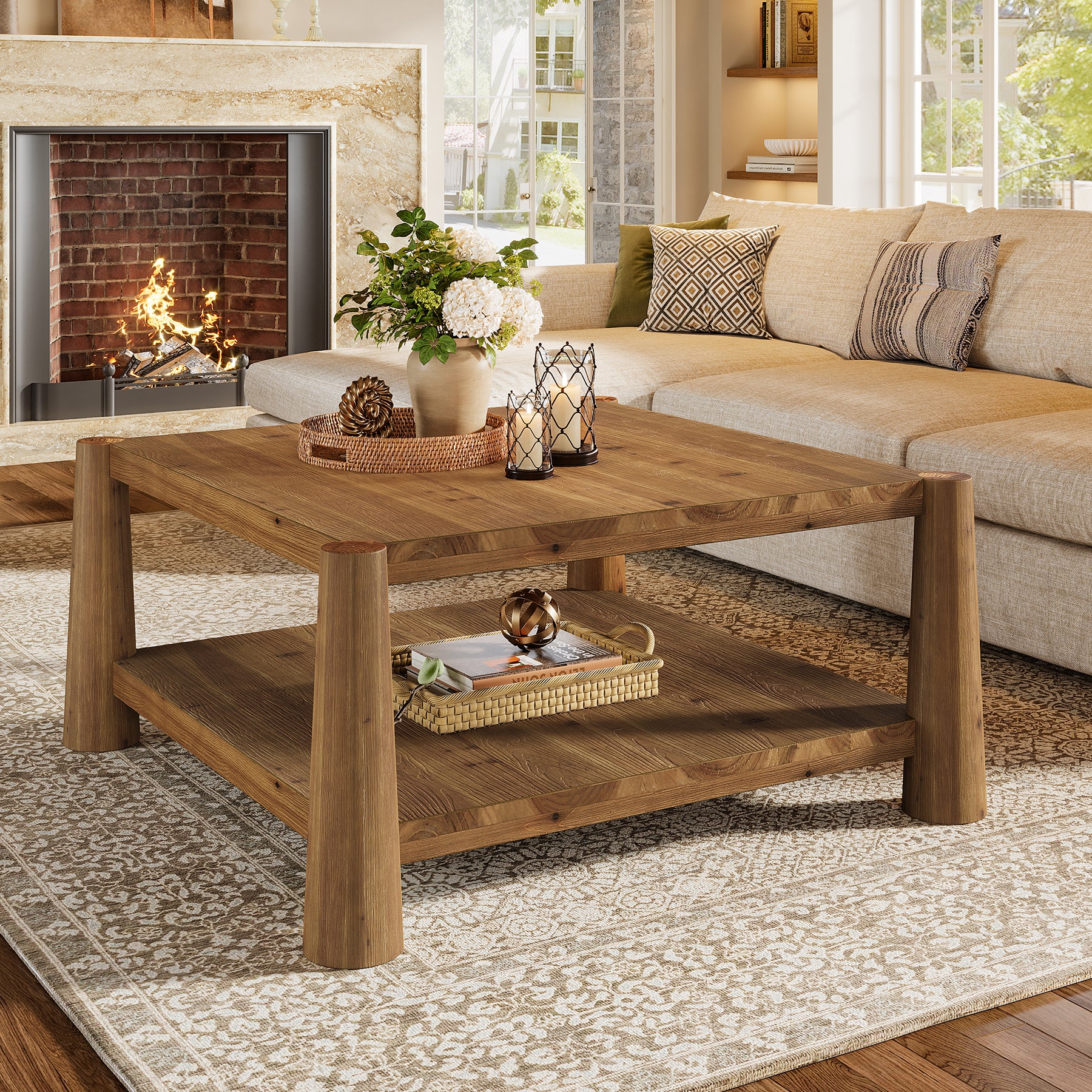 Square Solid Wood Coffee Table, 34" Farmhouse Center Table with 2-Tier Storage