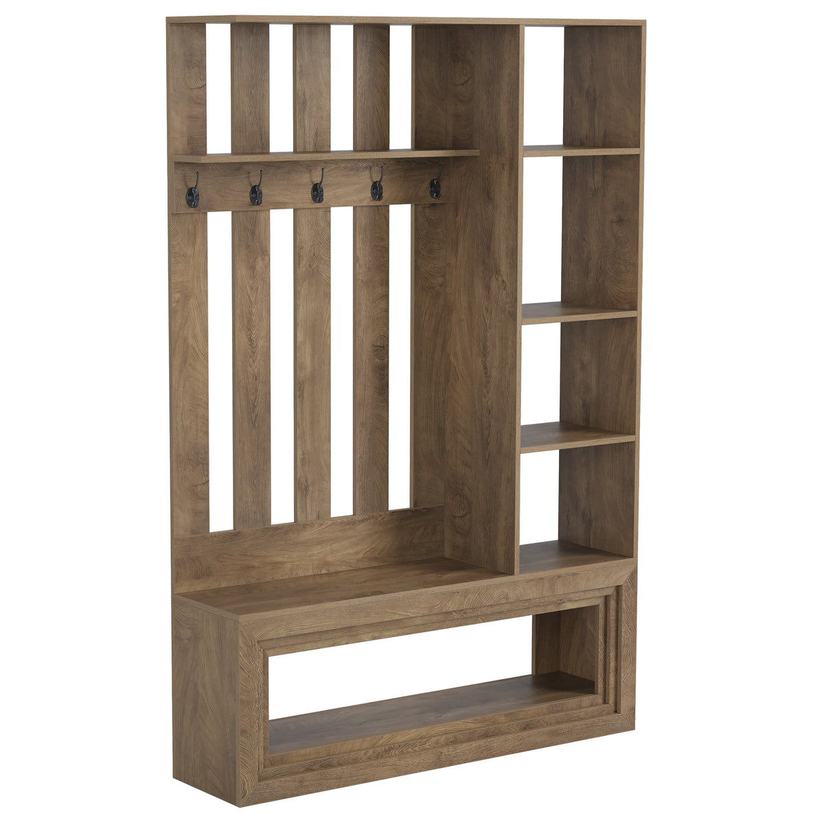 70.9" Room Divider, Farmhouse Wall Partition with Storage Shelves, 5 Hooks & Shoe Bench