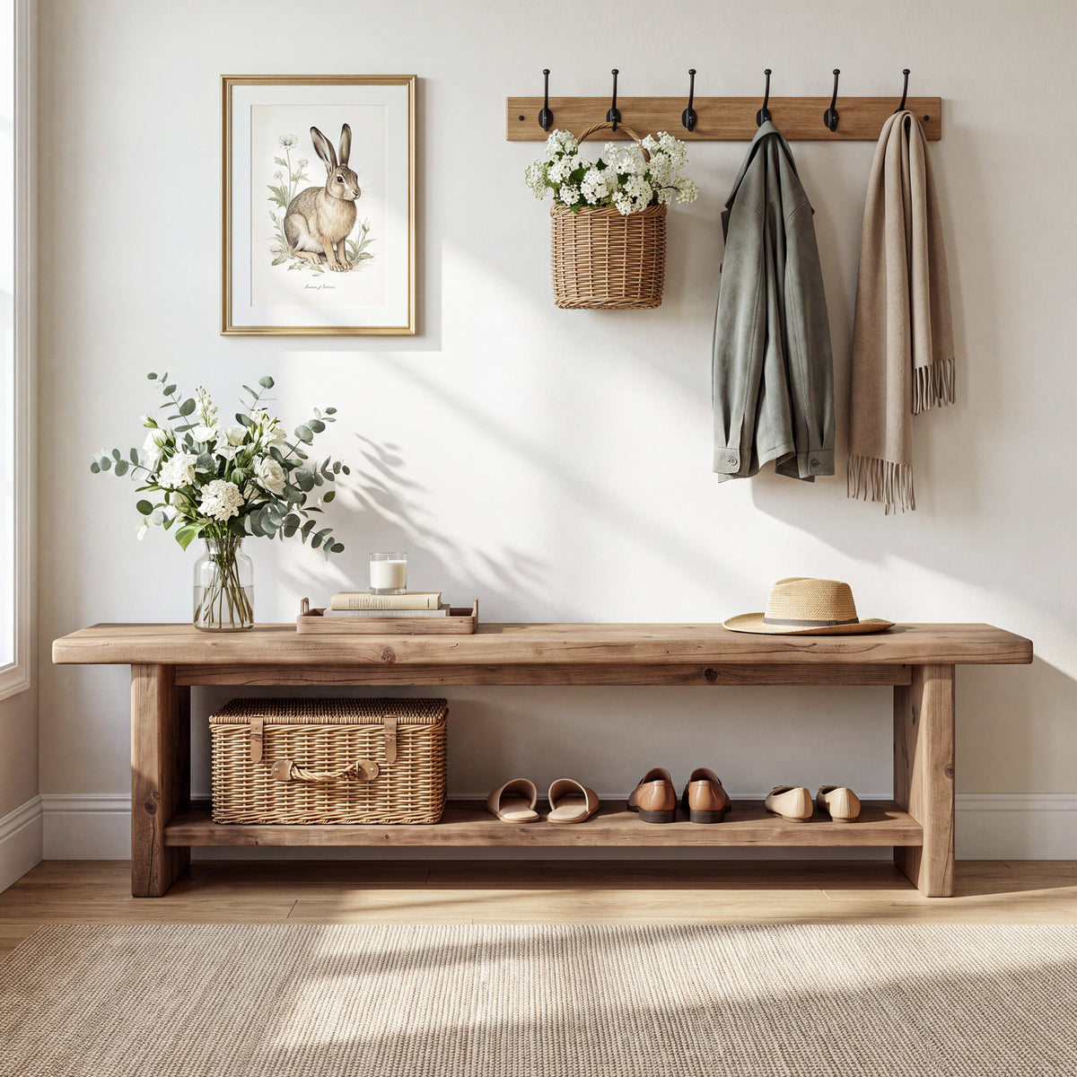 71” Solid Wood Entryway Bench with Shoe Storage Shelf, Indoor Storage Bench for Hallway