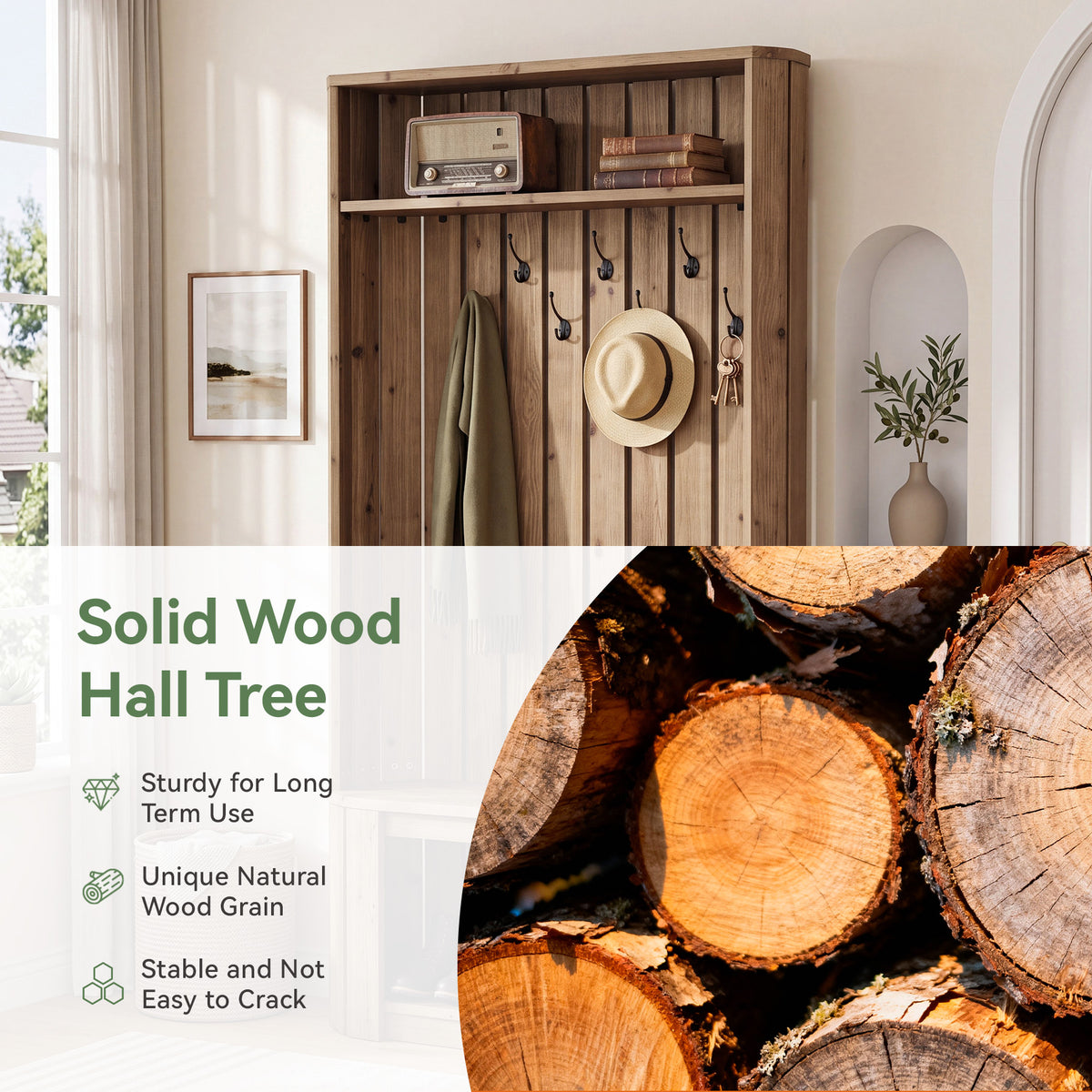 Solid Wood Hall Tree with Bench & Shoe Storage, 7 Hooks, Freestanding Entryway Coat Rack