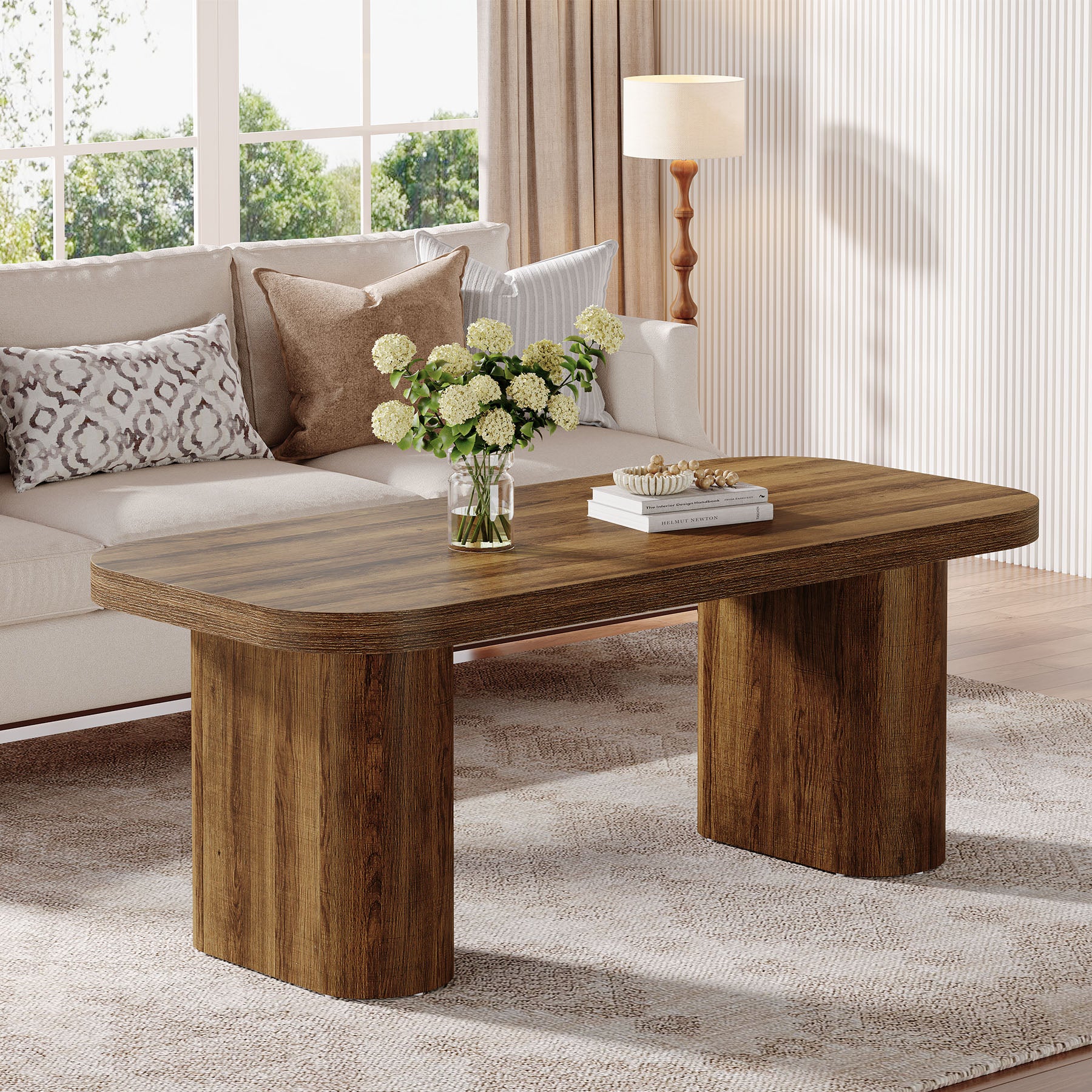 47-Inch Farmhouse Coffee Table, Rectangular Center Table with Rounded Corners and Sturdy Base