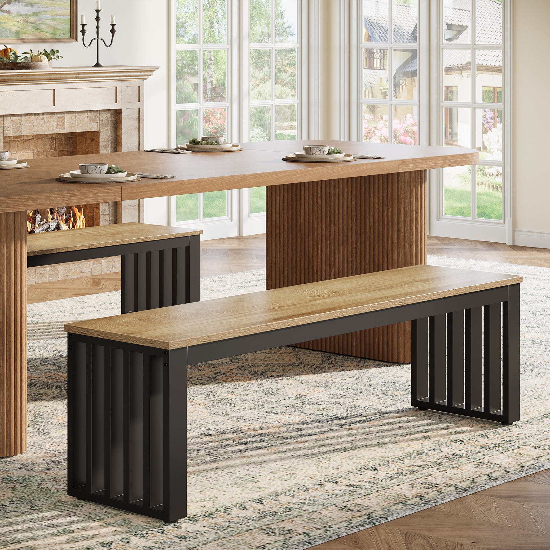 47" Kitchen Bench, Industrial Dining Room Bench with Metal Frame