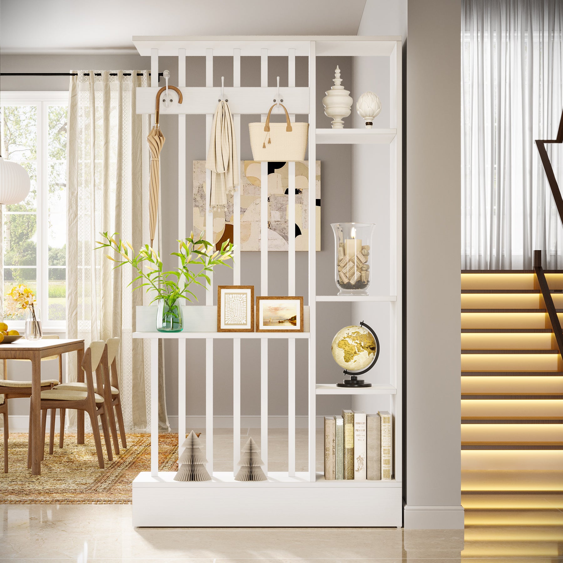 71" Wall Room Divider, Wood Freestanding Wall Partition Bookcase with Coat Hooks