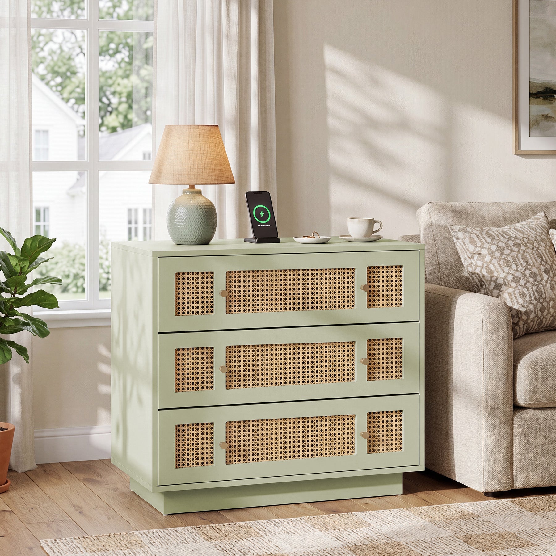 31.5" Rattan Nightstand, Oversized Bedside Table with 3 Drawers for Bedroom