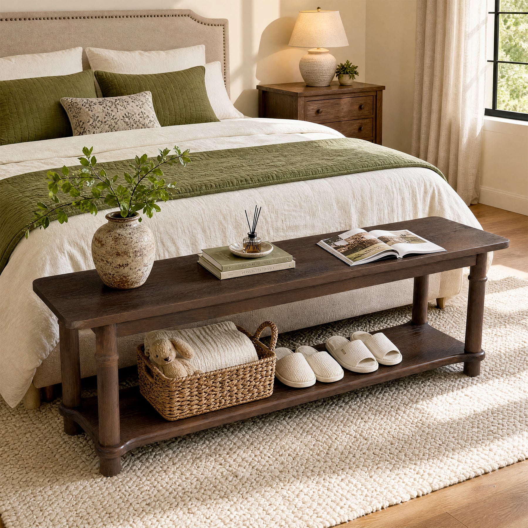 55" Farmhouse Entryway Bench with Open Shelf, 2-Tier Solid Wood Shoe Bench, Hallway