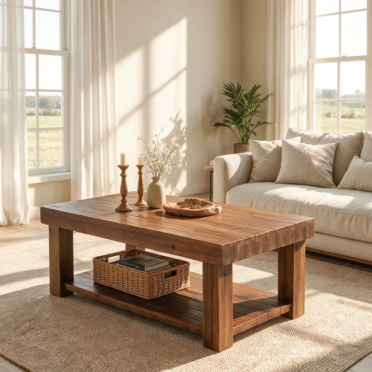 55" Modern Farmhouse Solid Wood Coffee Table, Rectangular with 2-Tier Storage