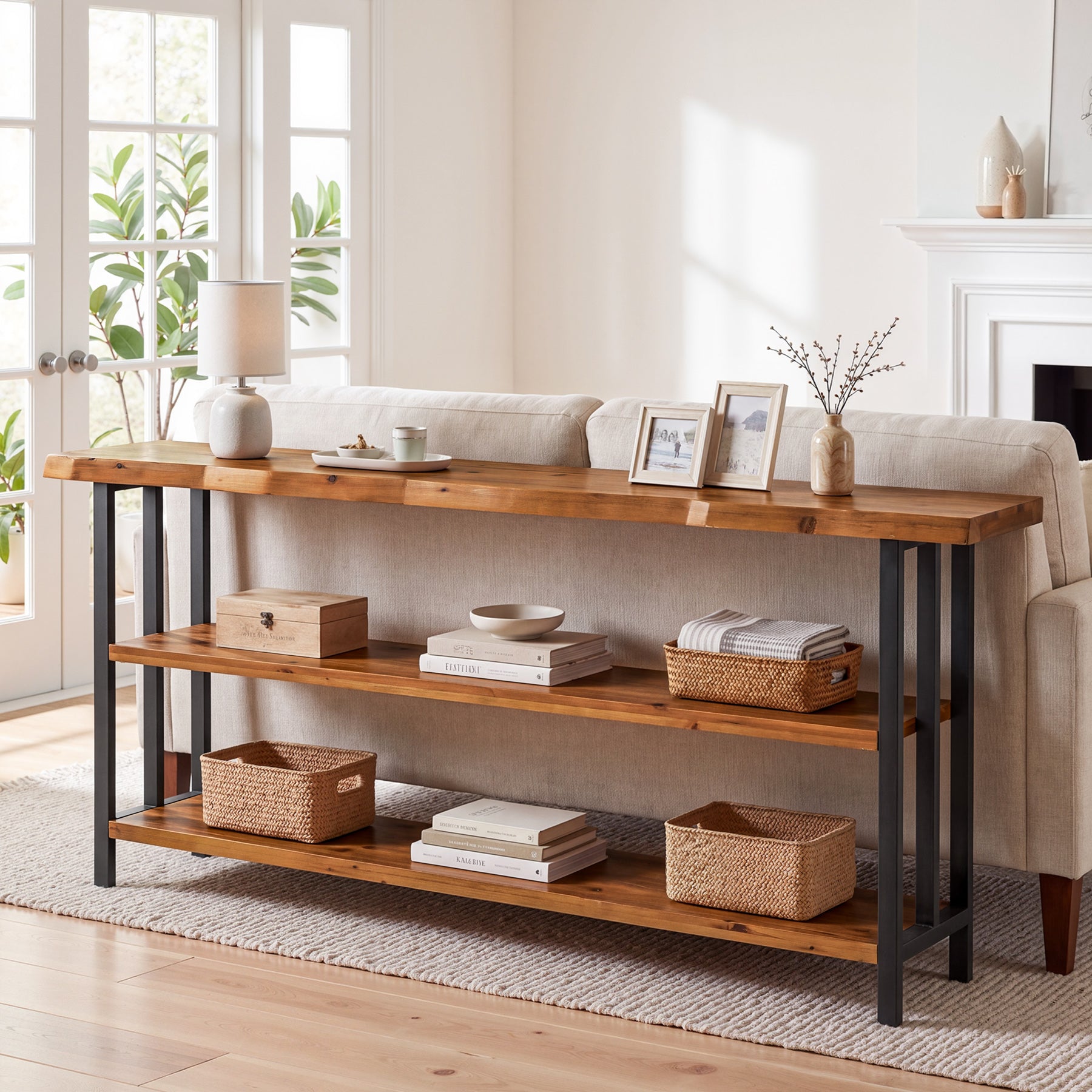 63" Live Edge Console Table, Farmhouse Solid Wood 3-Tier Shelves