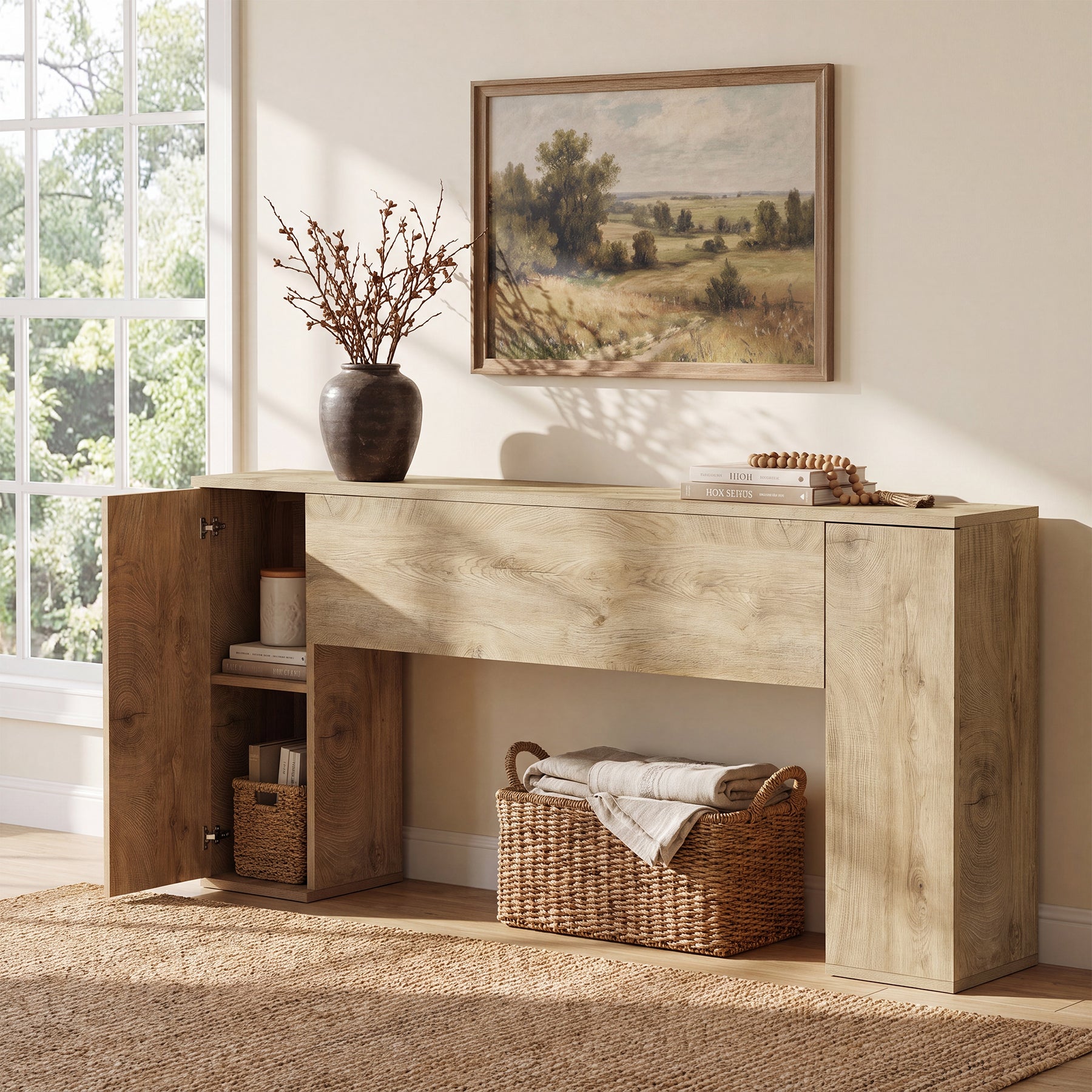 78.7” Extra Long Console Table, Farmhouse Entryway Table with 2 Hidden Storage Cabinets