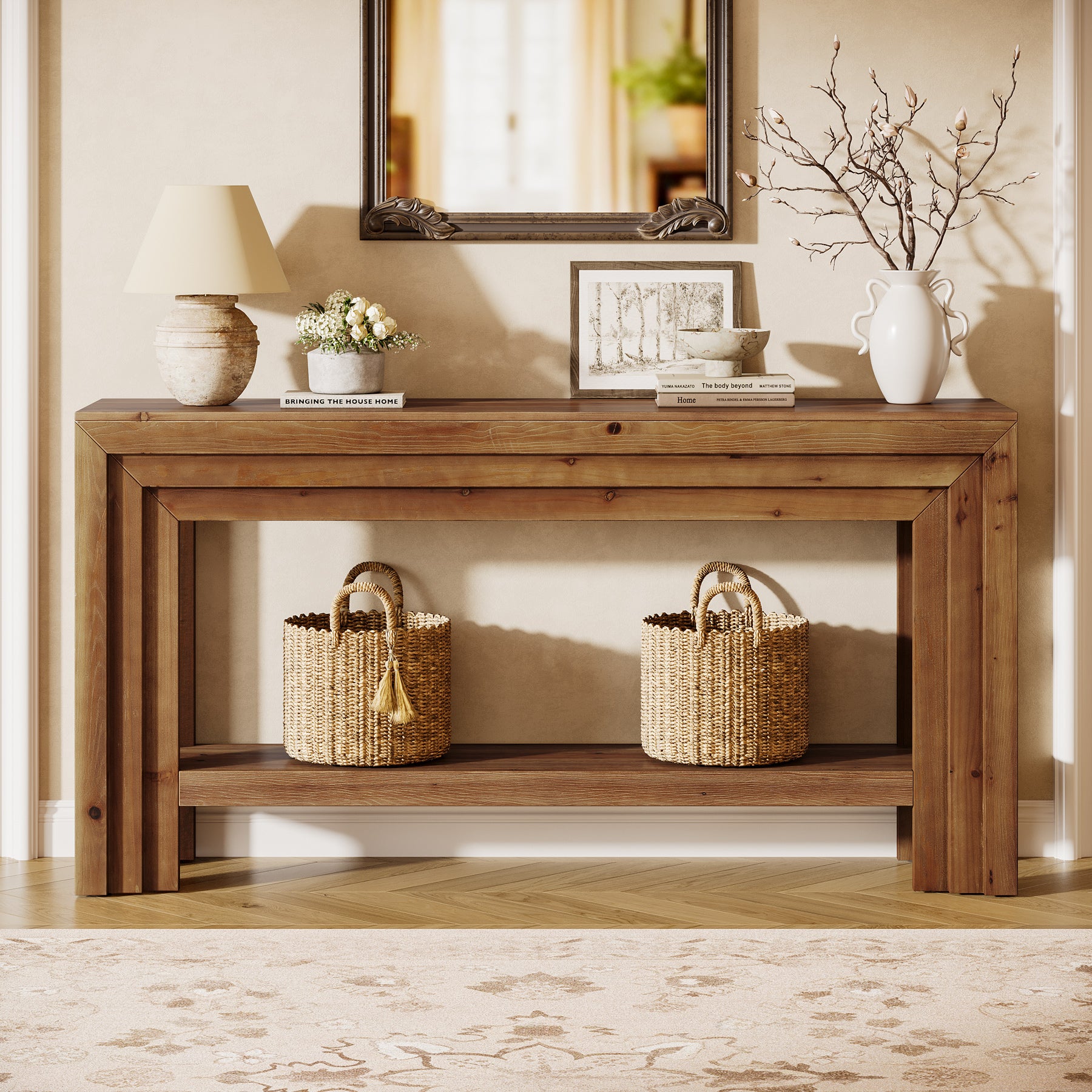 63" Solid Wood Entryway Console Table with 2-Tier Shelf, Farmhouse Sofa & Hallway Table with Dimensional Linear Frame