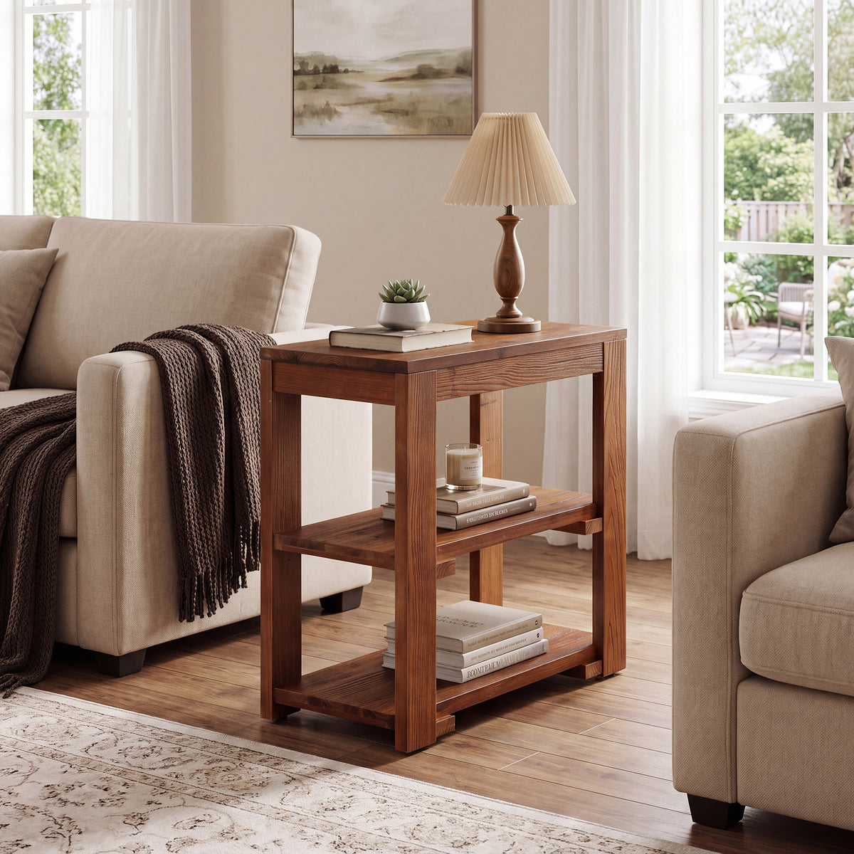 Farmhouse Solid Wood Side Table, 3-Tier Rectangular End Table with Storage