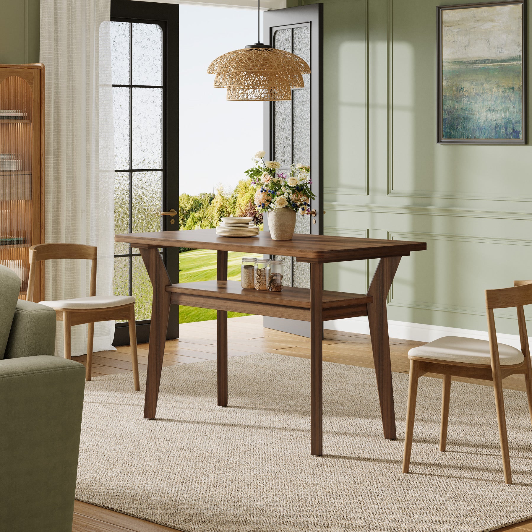 47" Dining Table, 2-Tier Rectangle Kitchen Table with Solid Wood Legs