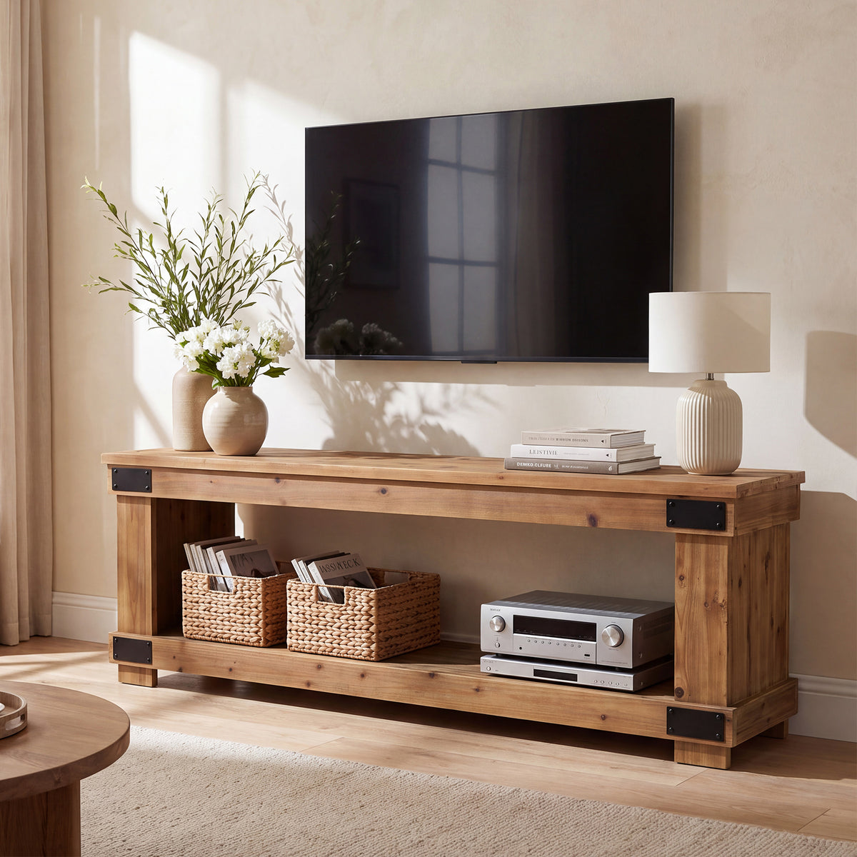 63" Industrial TV Stand, 2-Tier Open Shelf, Solid Wood for 75" TV