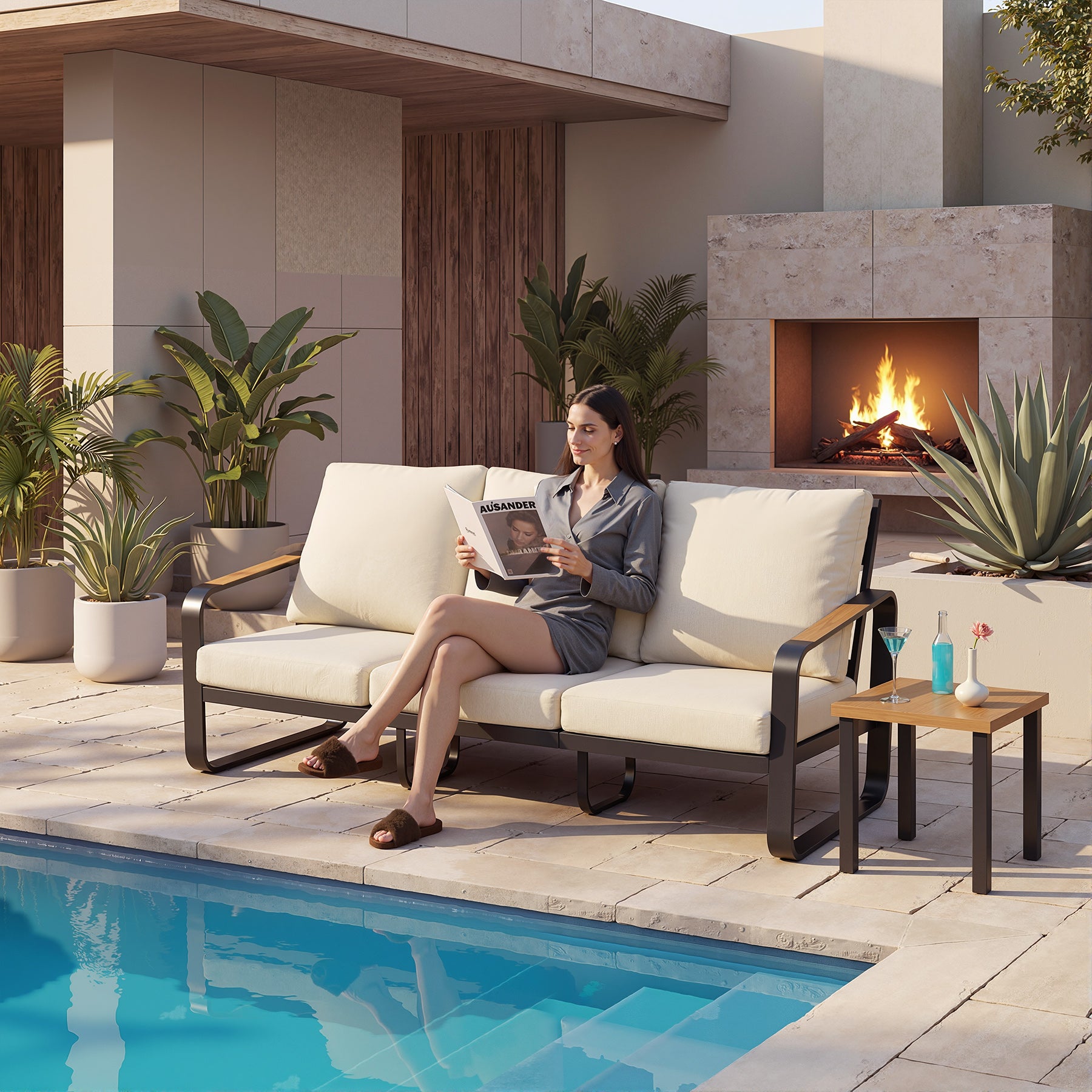 78.7" Wide Outdoor Bench, 3-Person Patio Sofa with Removable Cushions