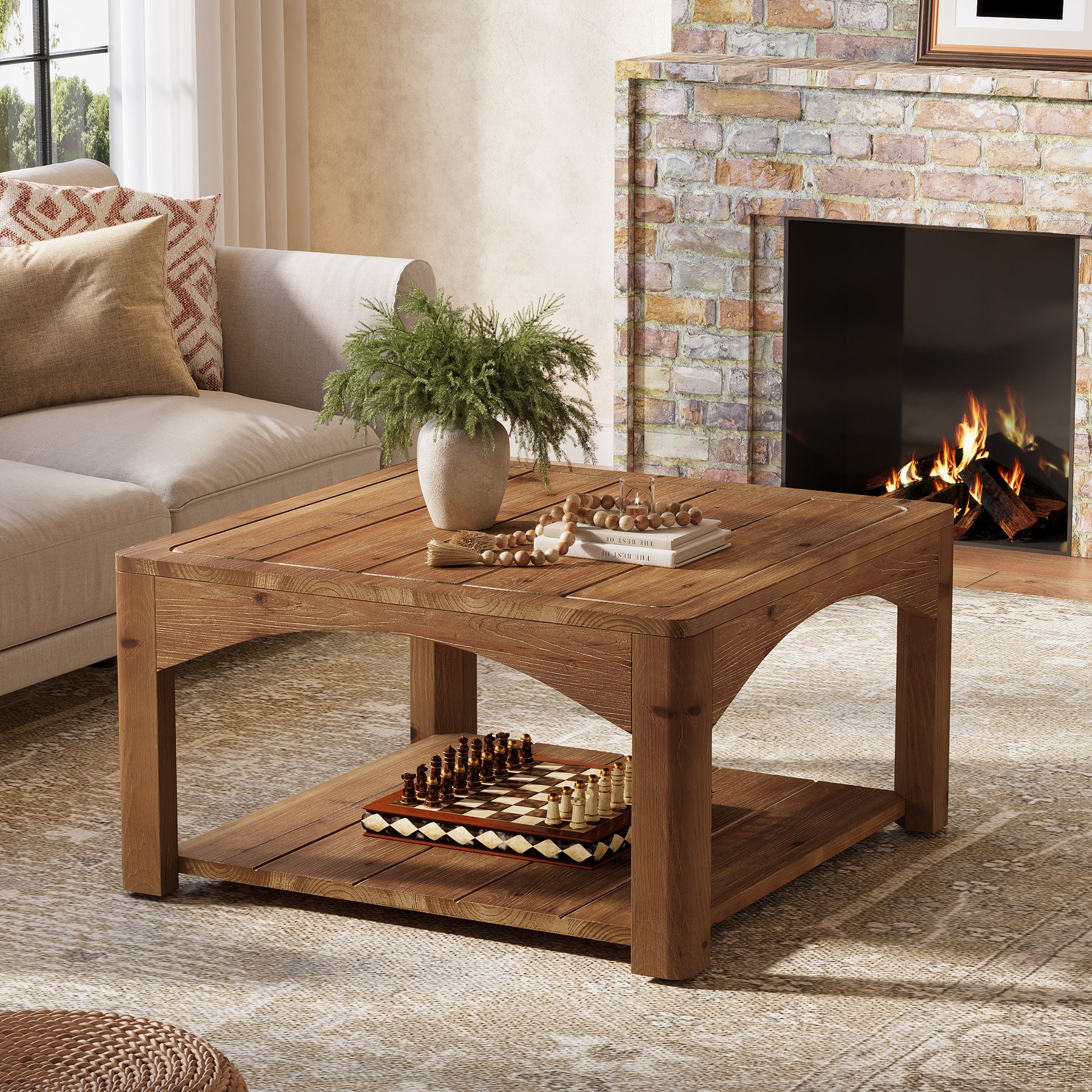 31.5" Square Coffee Table, Solid Wood 2-Tier Center Table for Living Room