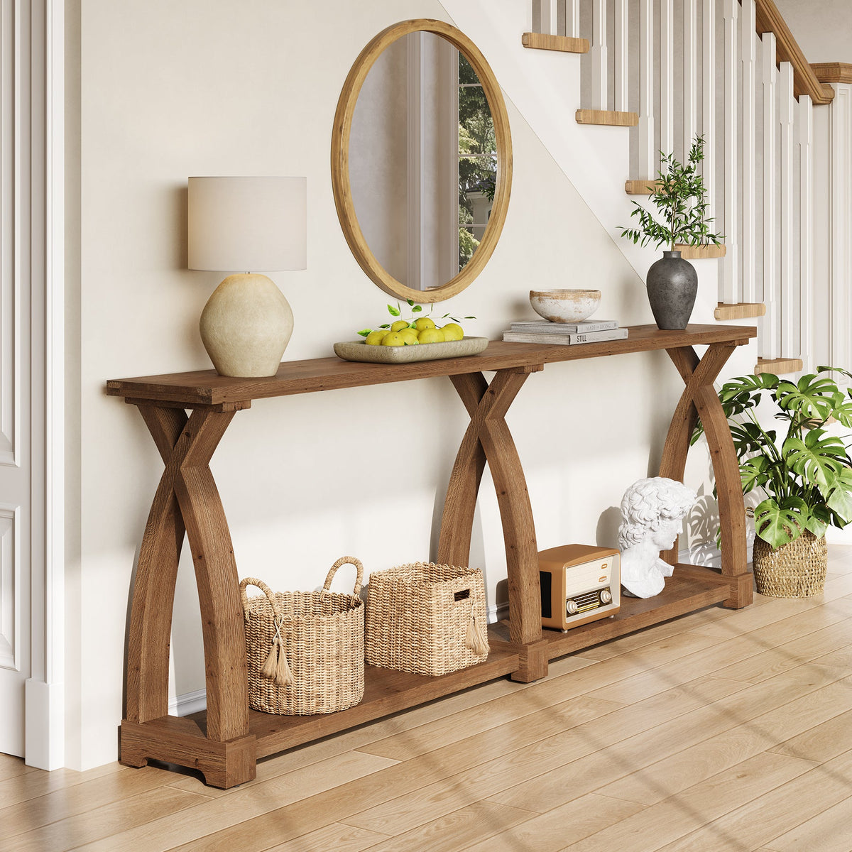 79" Solid Wood Console Table, Narrow 2-Tier Entryway Table with Shelf