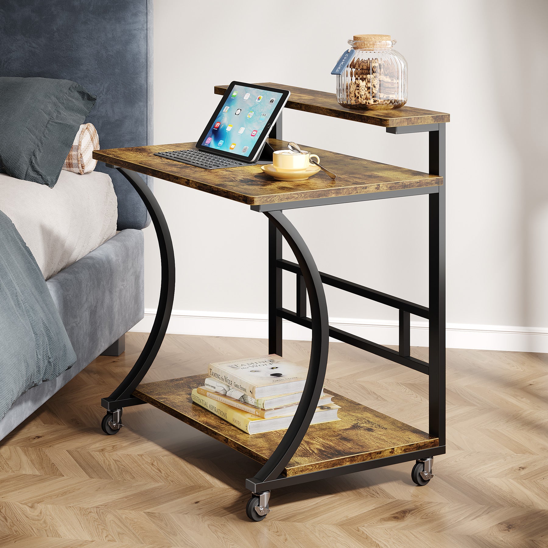 C - Shaped End Table, Mobile Sofa Side Table with Lockable Casters Tribesigns