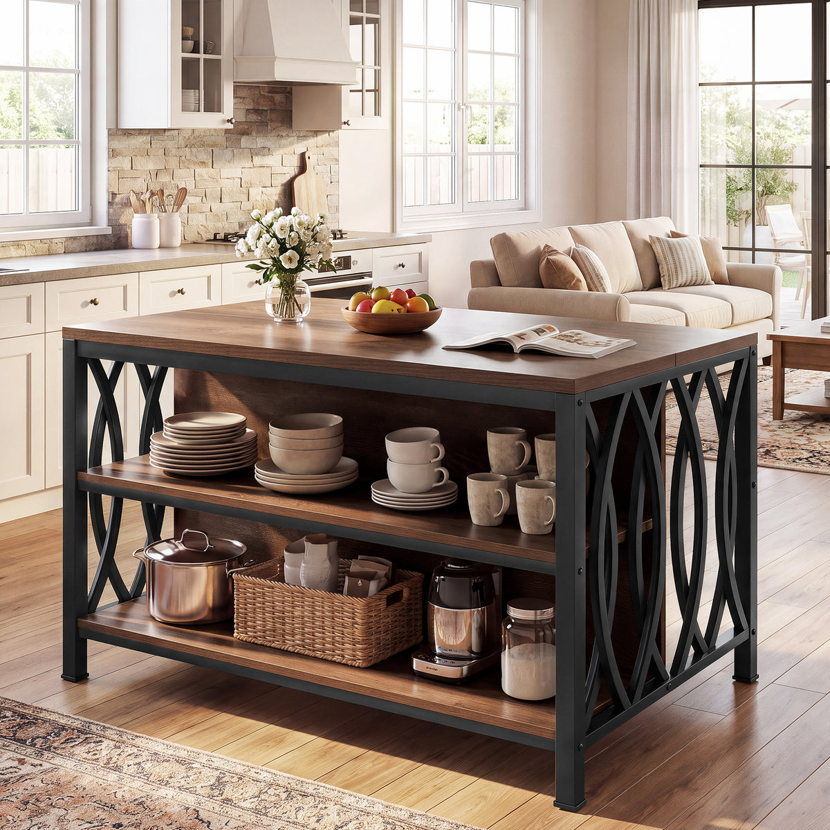 55" Kitchen Island with Storage, 3-Tier Stationary Island Table with Metal Frame for Kitchen