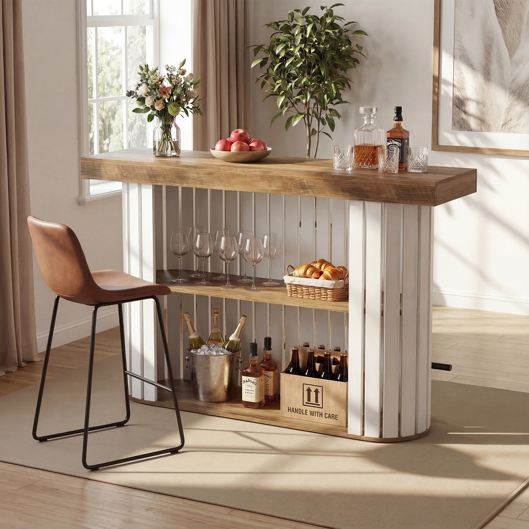 63" Counter Height Bar Table for 4-6, Modern Pub Table with 2-Tier Storage & Slatted Design