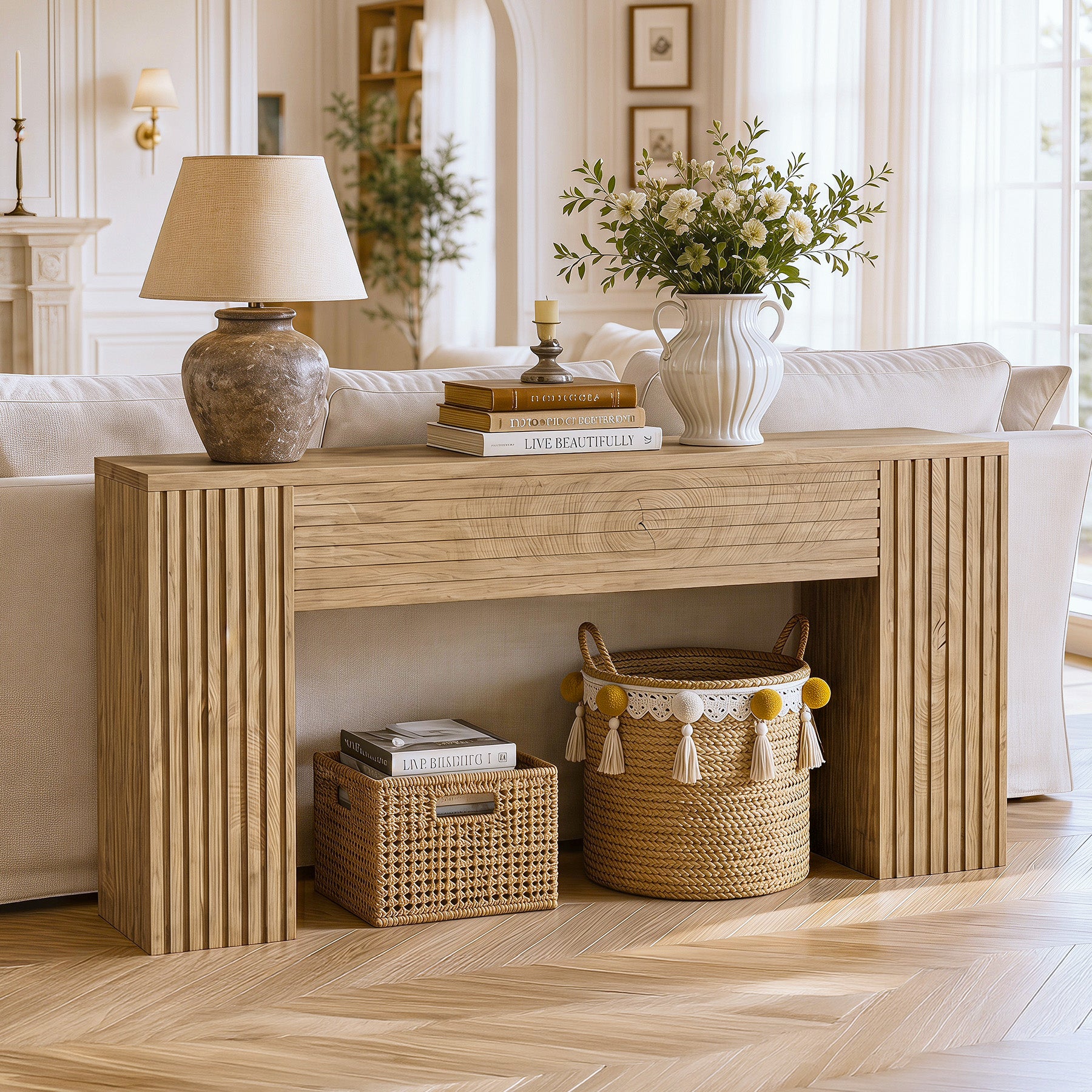 70.86" Console Table, Farmhouse Sofa Table Behind Couch with Fluted Leg Design