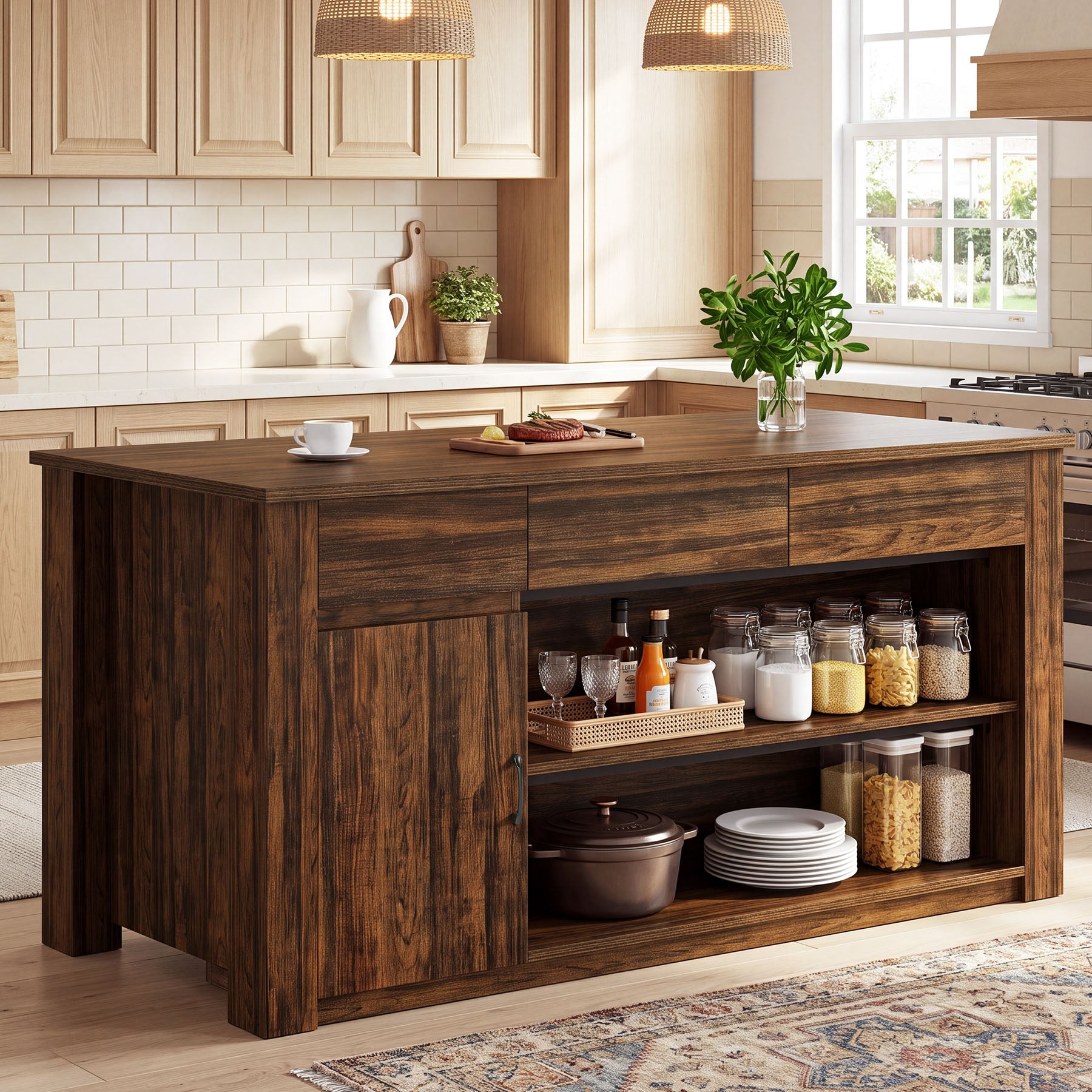 70.87" Kitchen Island with 3 Drawers, Cabinet and Open Shelves