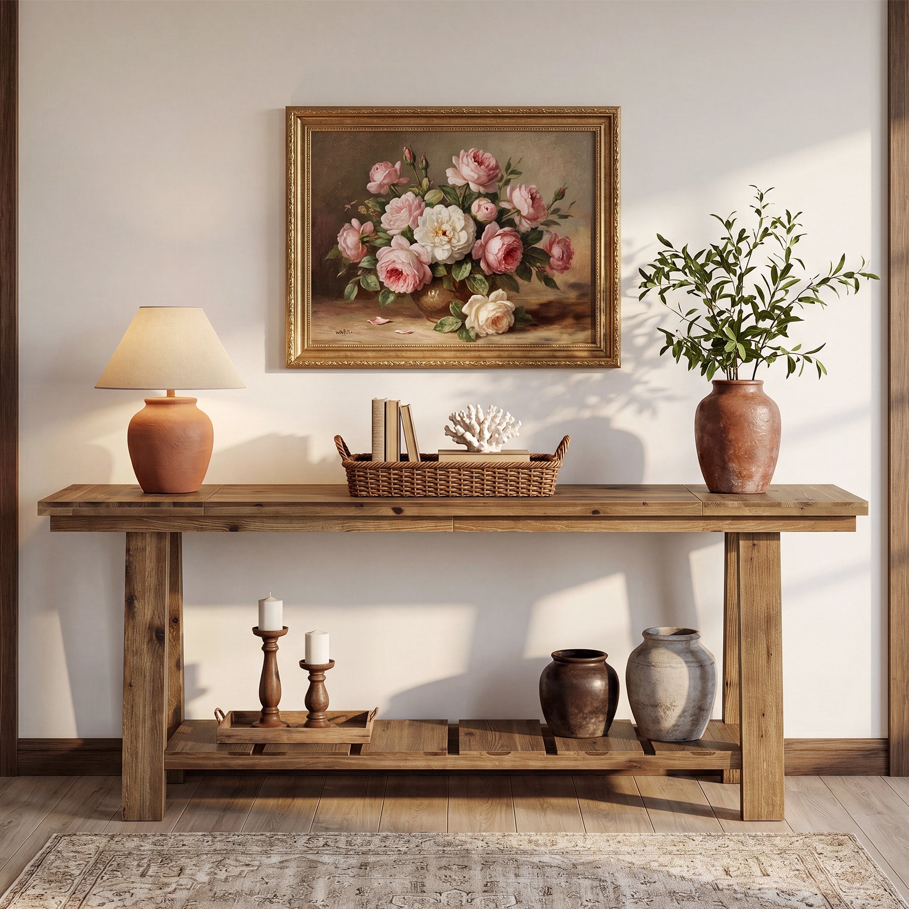79" Solid Wood Console Table, Long Farmhouse Entryway Table with 2-Tier Storage Shelf