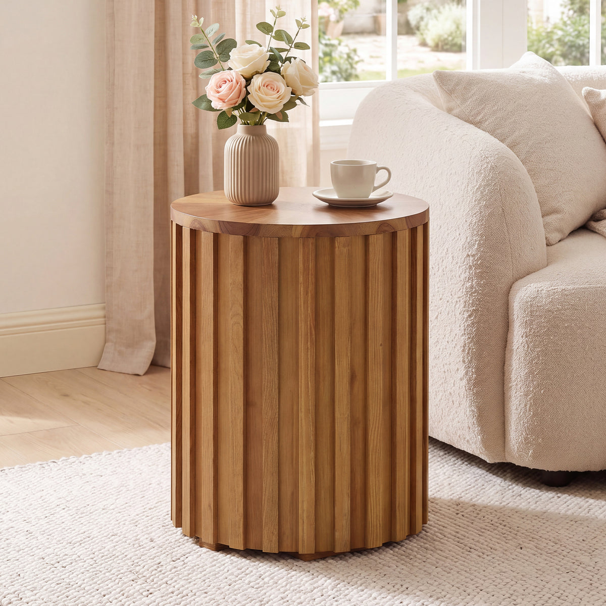 Fluted Round End Table, Solid Wood Cylinder Hidden Storage, No Assembly Nightstand